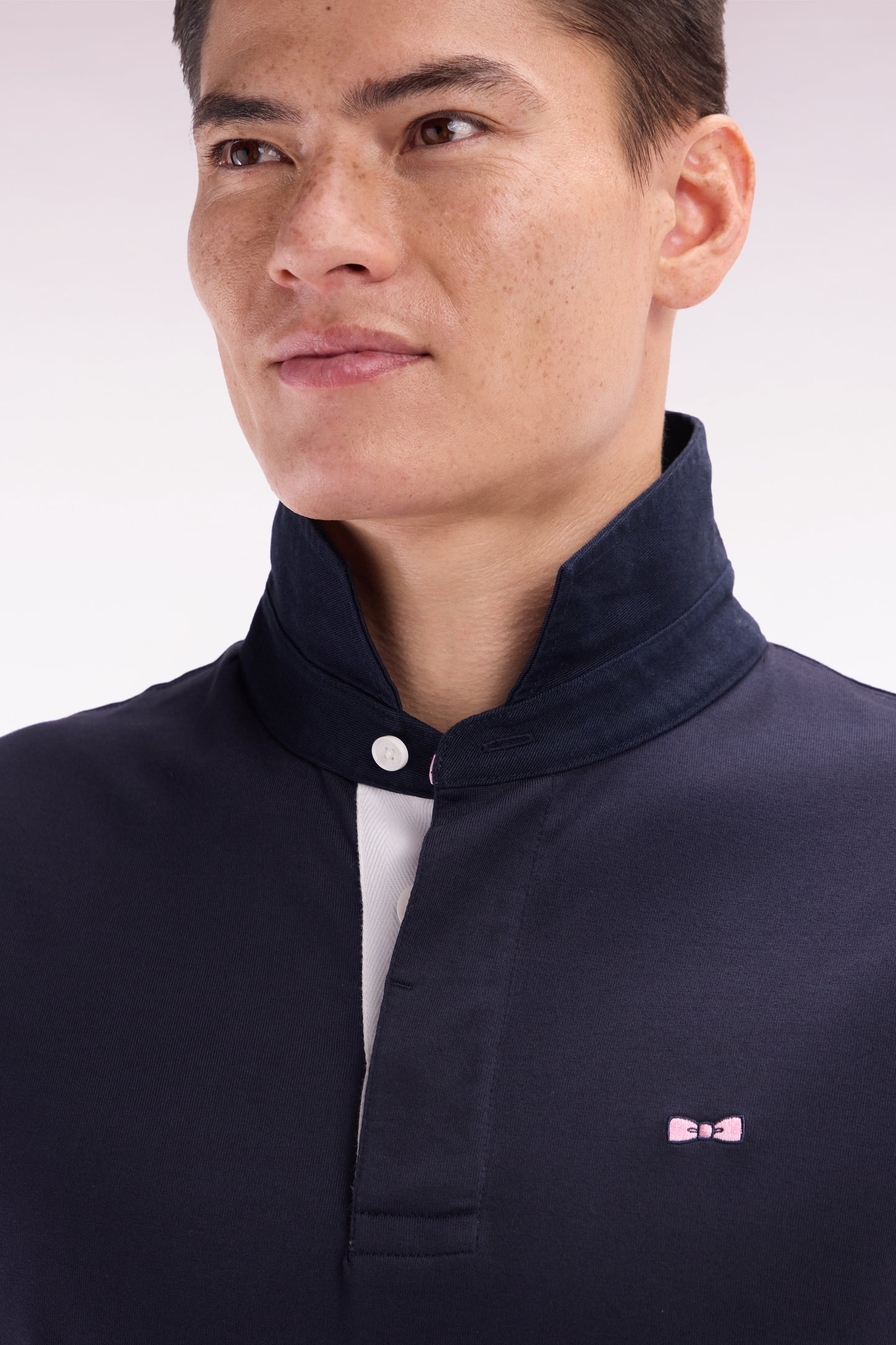 Straight-cut short-sleeved rugby shirt in navy and pink cotton with back embroidery