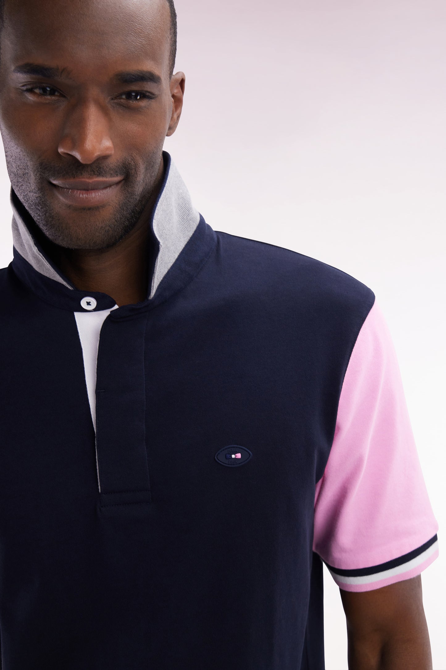 XV de France short-sleeved rugby shirt in navy and pink cotton