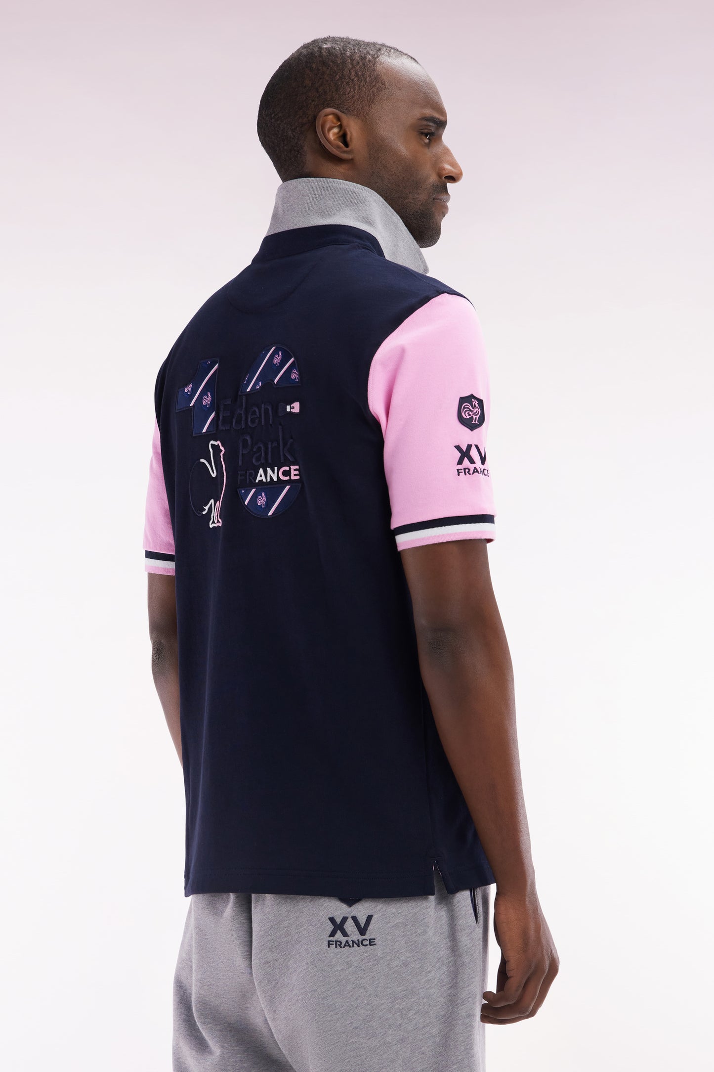 XV de France short-sleeved rugby shirt in navy and pink cotton