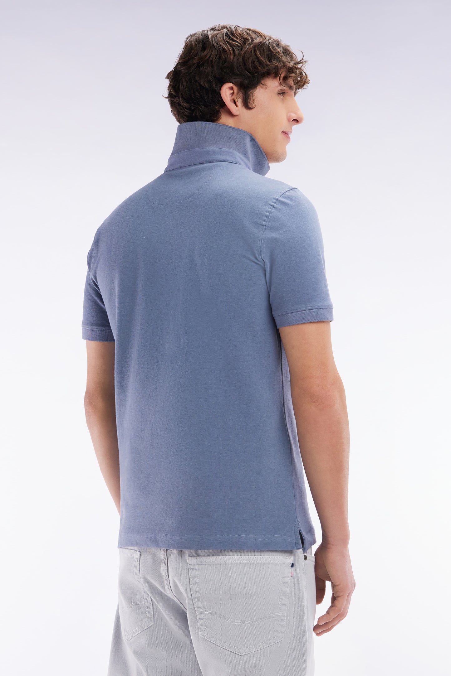Slim-fit short-sleeved polo shirt in grey blue stretch cotton piqué