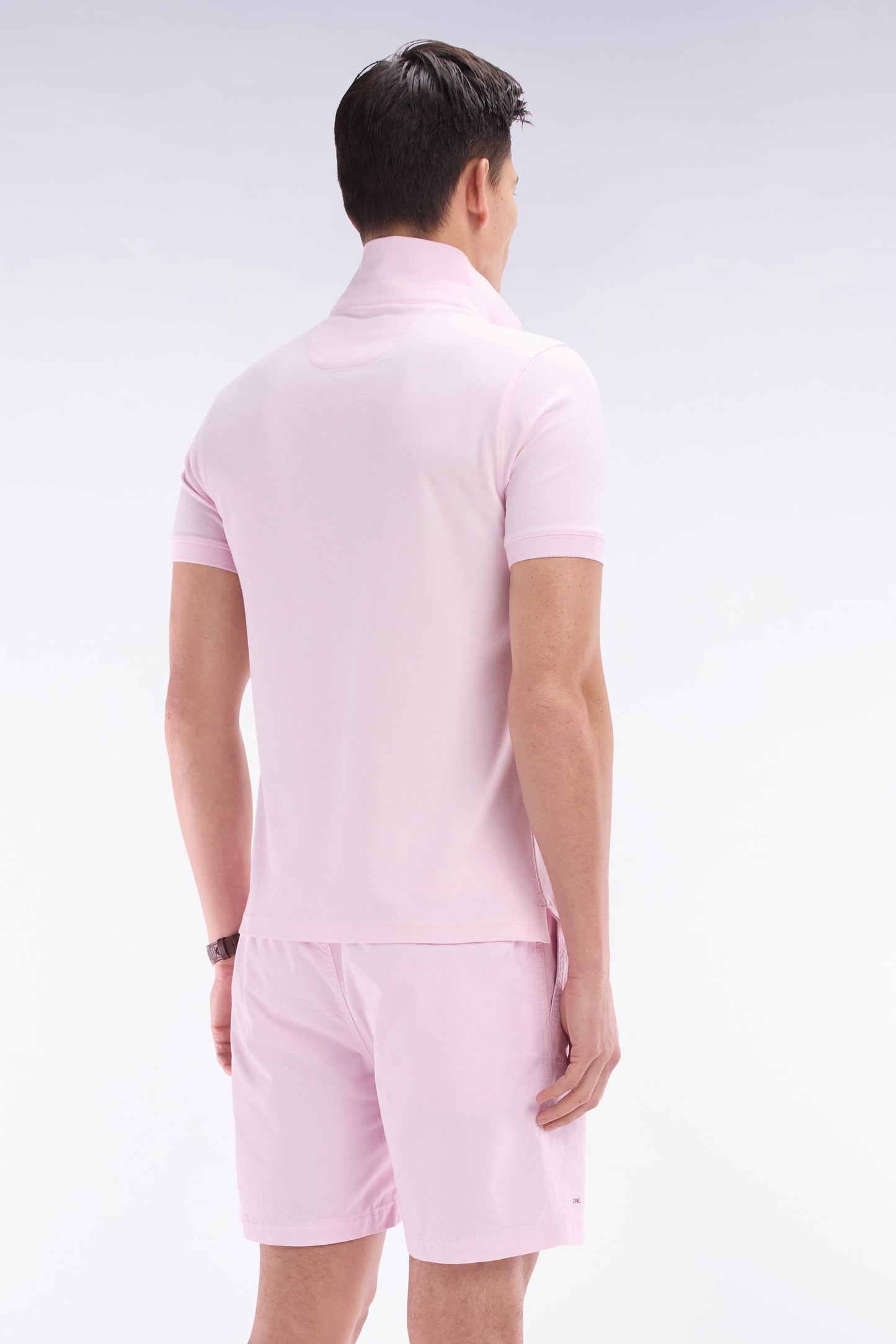 Slim-fit short-sleeved polo shirt in light pink stretch cotton piqué