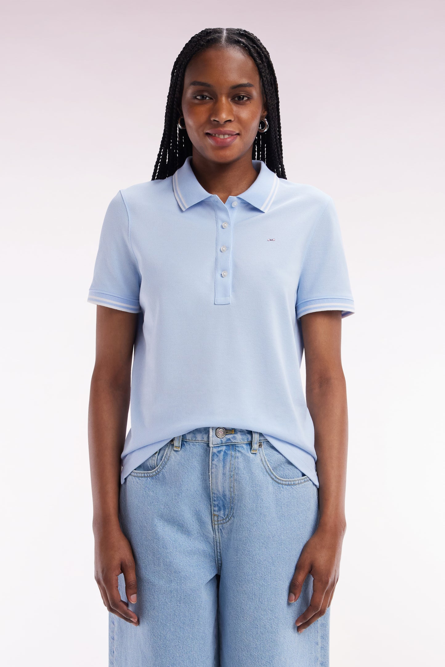 Short-sleeved polo shirt in sky blue Pima cotton piqué with striped accents
