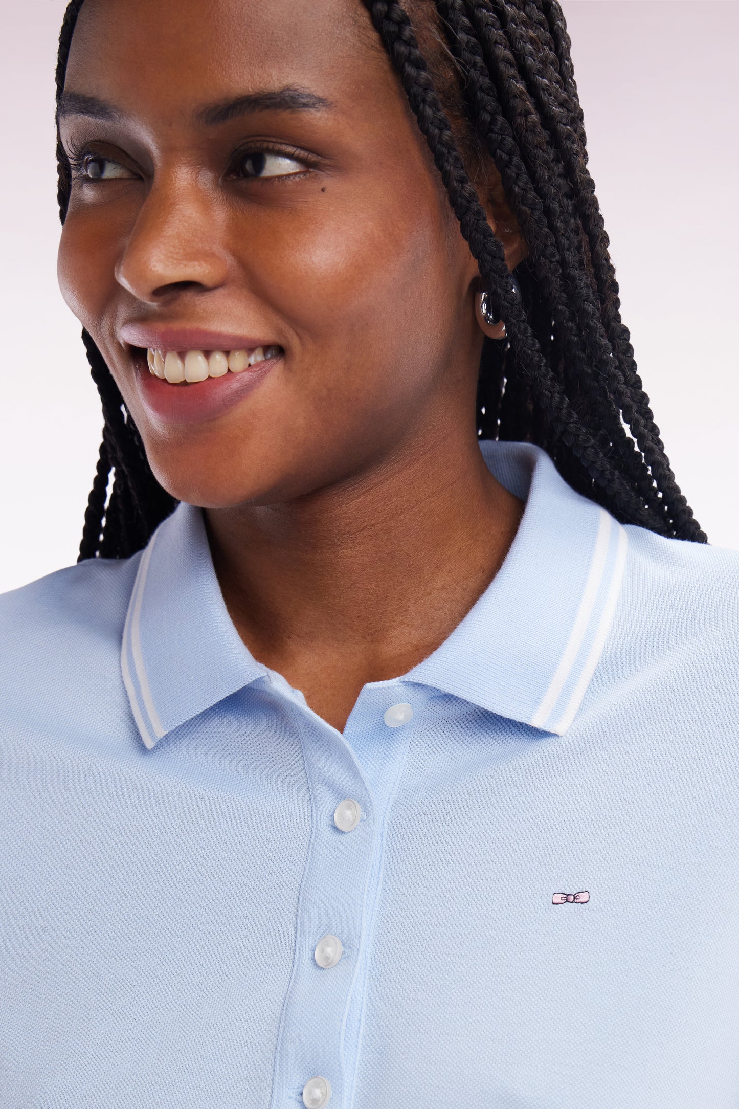 Short-sleeved polo shirt in sky blue Pima cotton piqué with striped accents