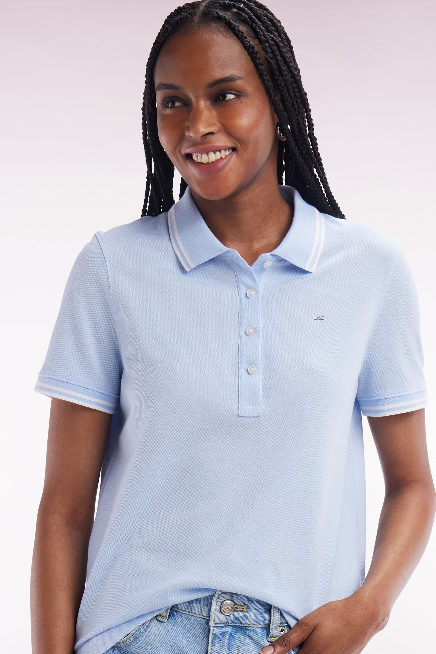 Short-sleeved polo shirt in sky blue Pima cotton piqué with striped accents