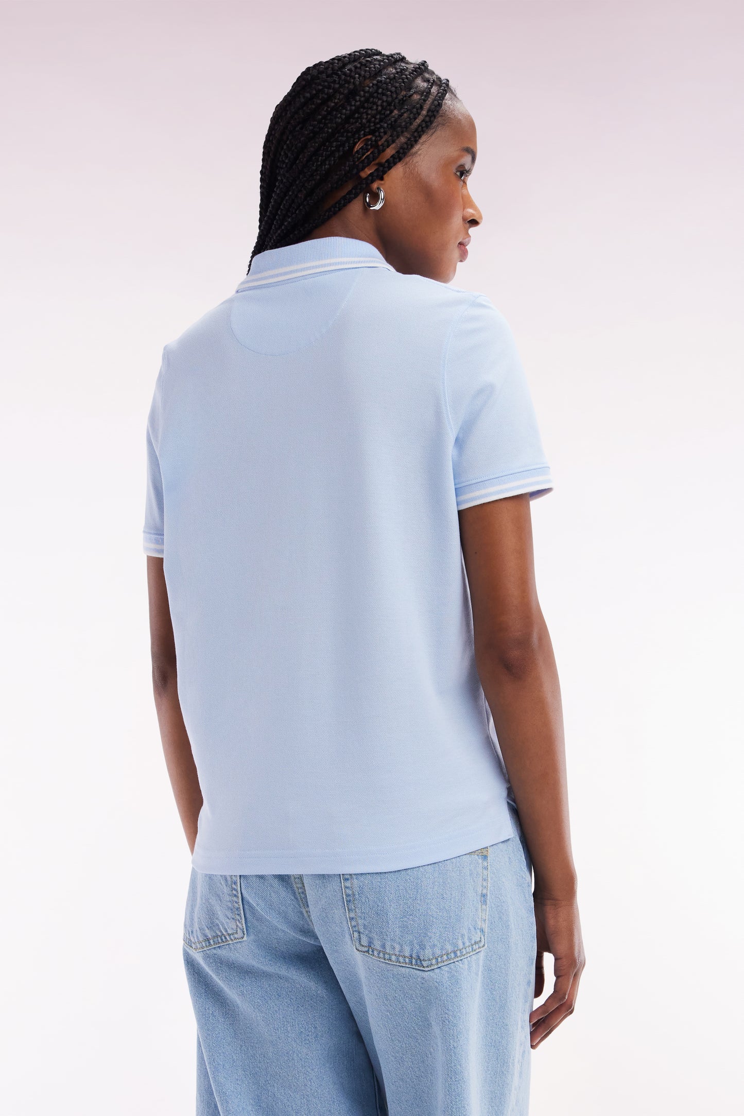 Short-sleeved polo shirt in sky blue Pima cotton piqué with striped accents