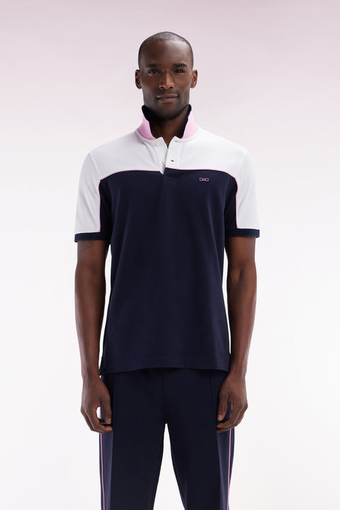 Straight-cut navy blue colorblock short-sleeved cotton piqué polo shirt - Image 1