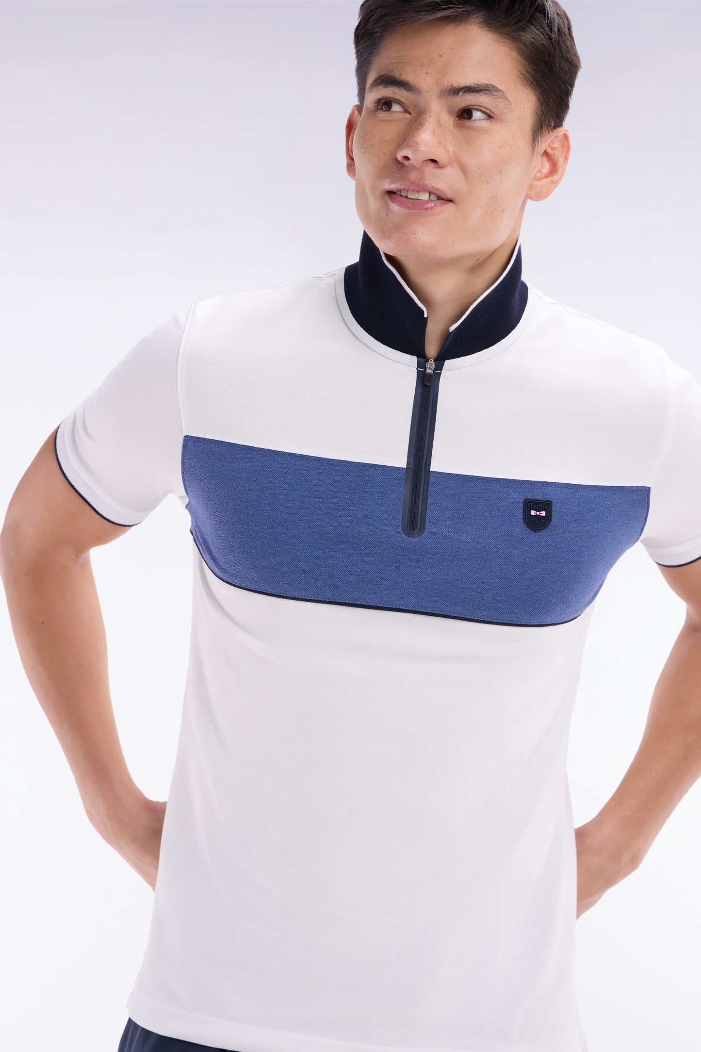 Slim-fit short-sleeved polo shirt in grey stretch mottled cotton piqué with contrasting accents