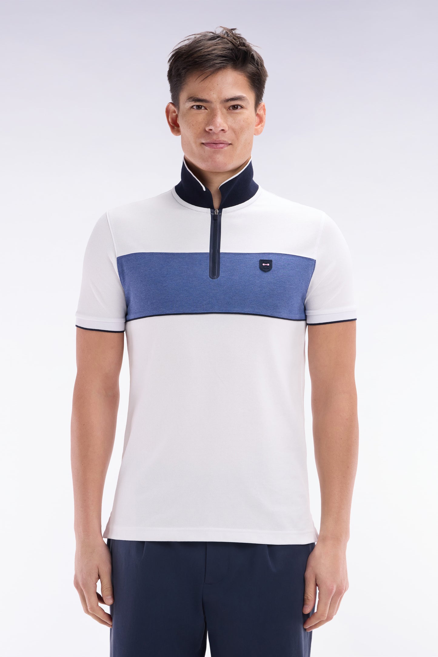Slim-fit short-sleeved polo shirt in grey stretch mottled cotton piqué with contrasting accents