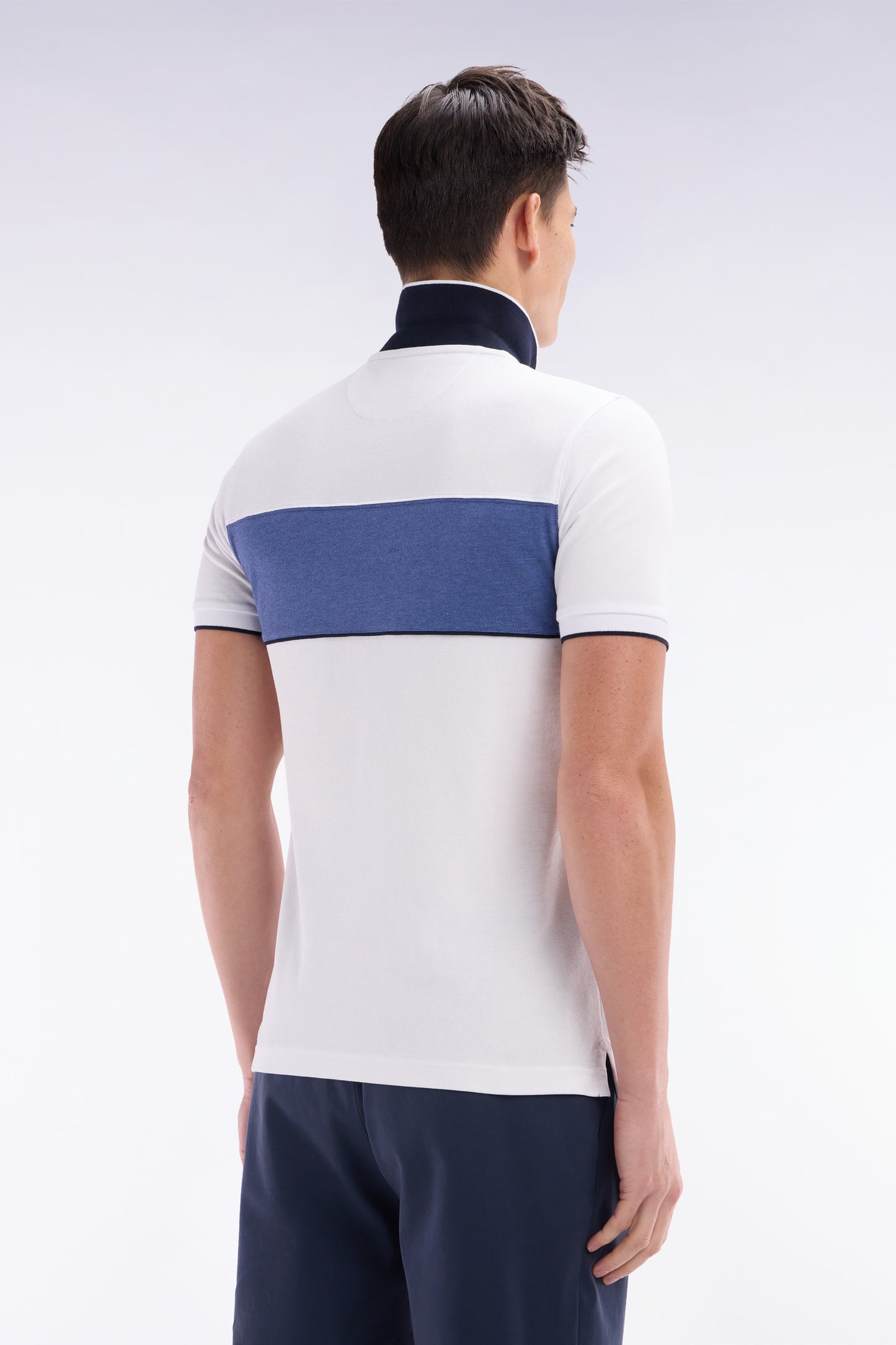 Slim-fit short-sleeved polo shirt in grey stretch mottled cotton piqué with contrasting accents