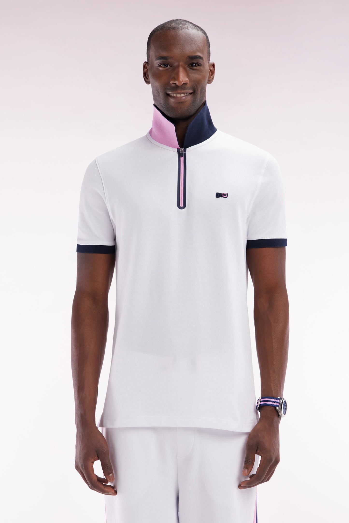 Slim-fit short-sleeved zip-up polo shirt in white stretch cotton
