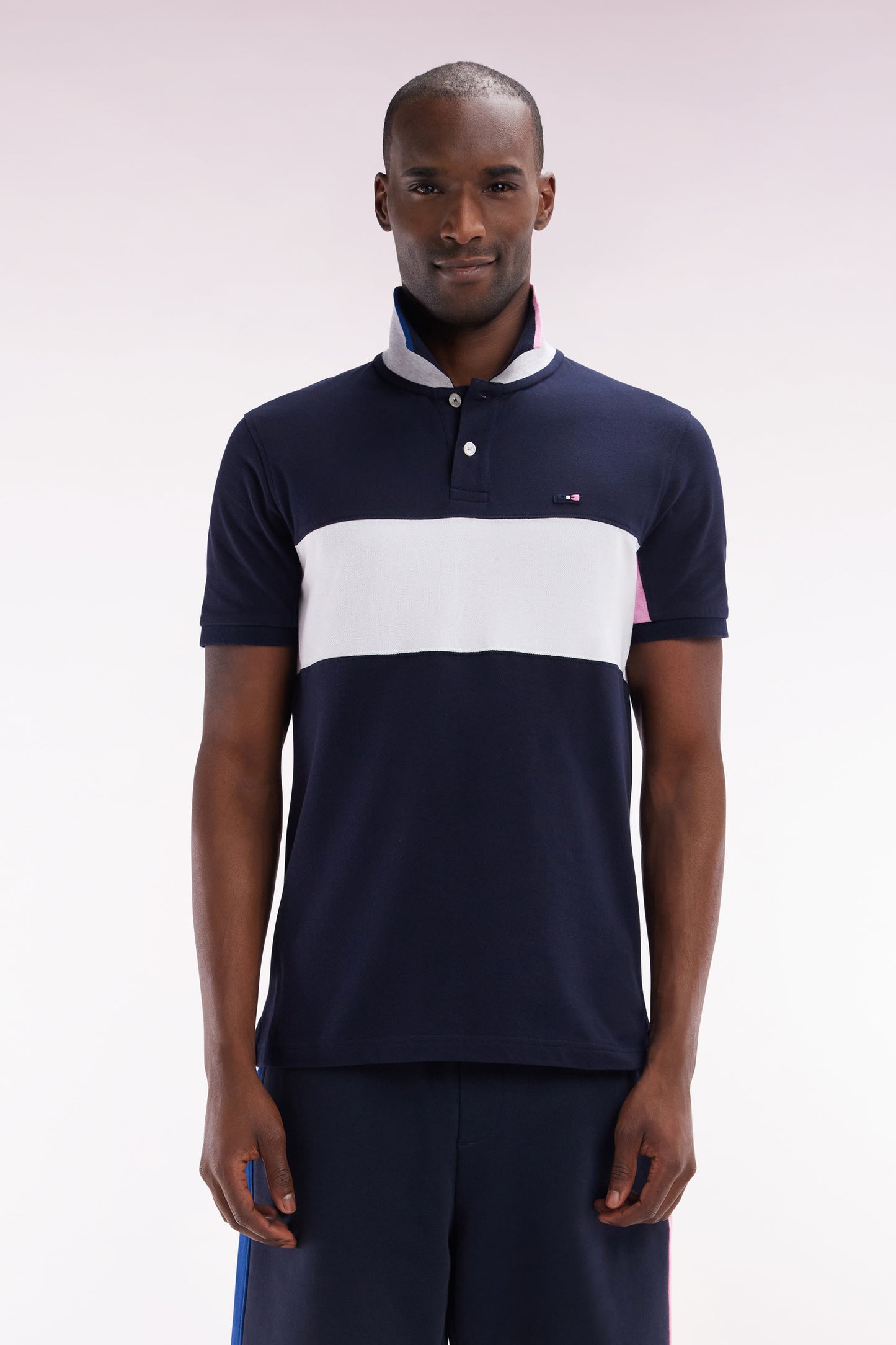 Straight-fit short-sleeved colorblock polo shirt in white cotton with grey and navy details