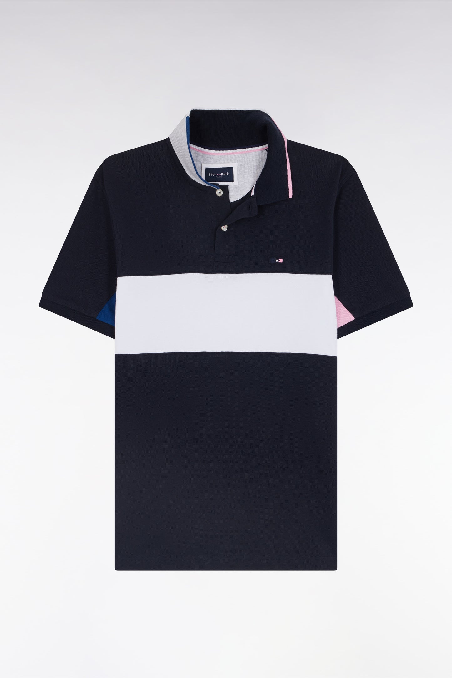 Straight-fit short-sleeved colorblock polo shirt in white cotton with grey and navy details