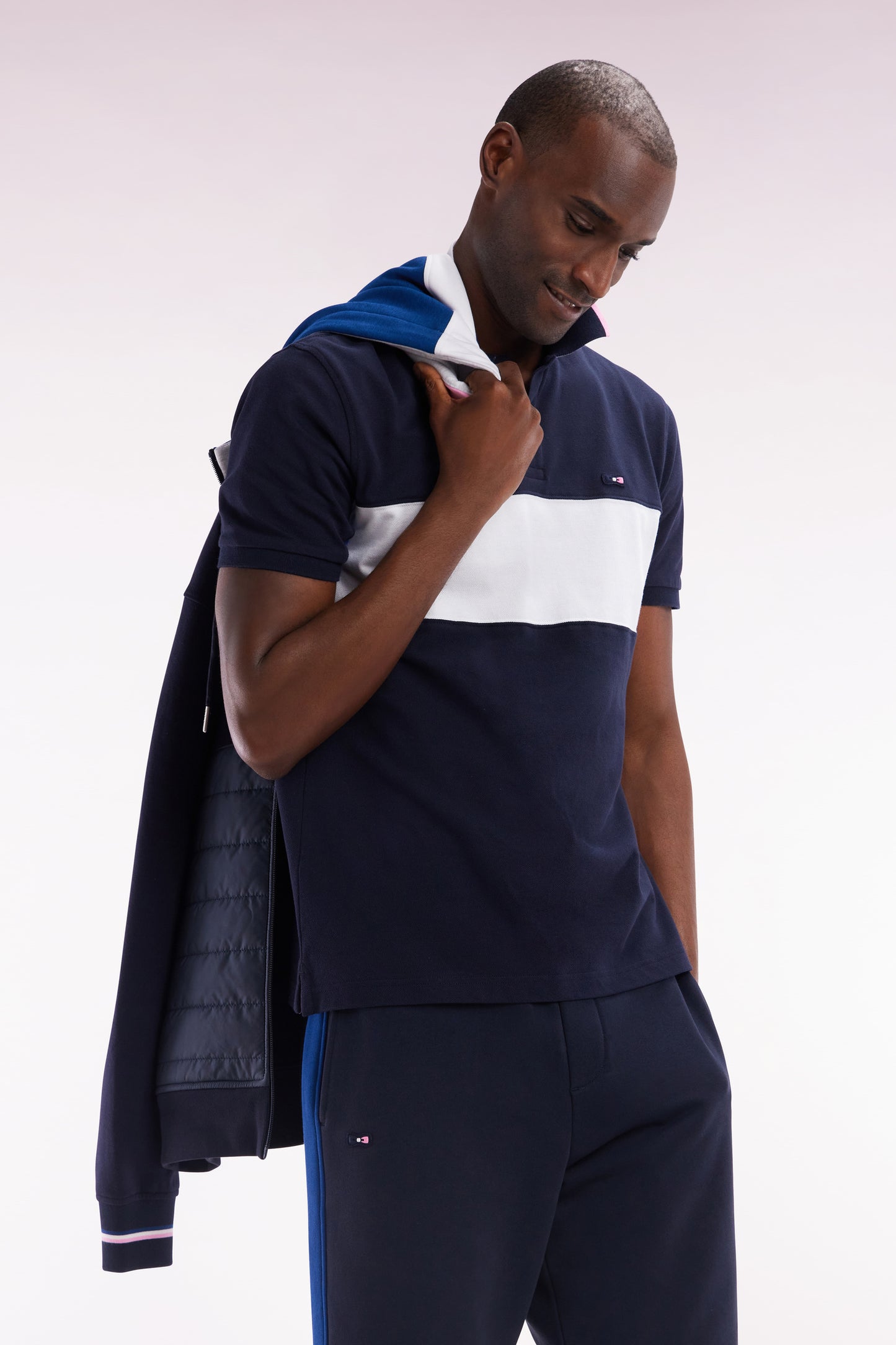 Straight-fit short-sleeved colorblock polo shirt in white cotton with grey and navy details