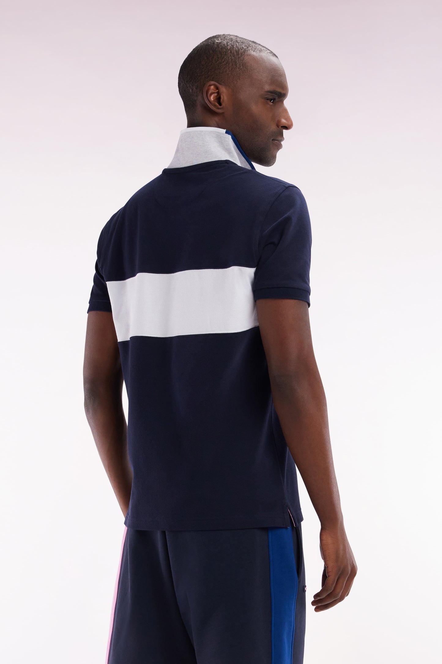 Straight-fit short-sleeved colorblock polo shirt in white cotton with grey and navy details