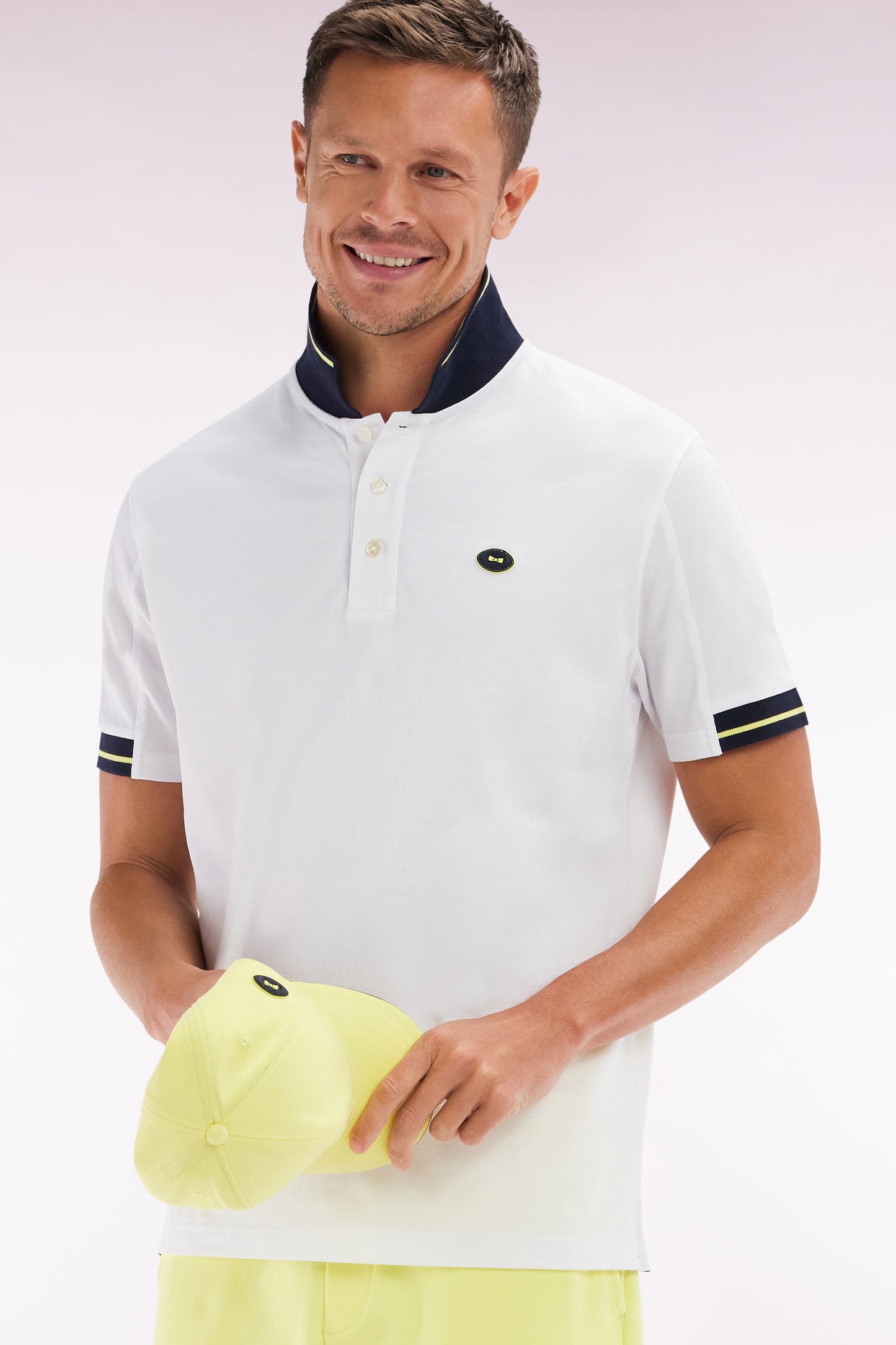 Relaxed-fit short-sleeved polo shirt in yellow cotton with colorful accents