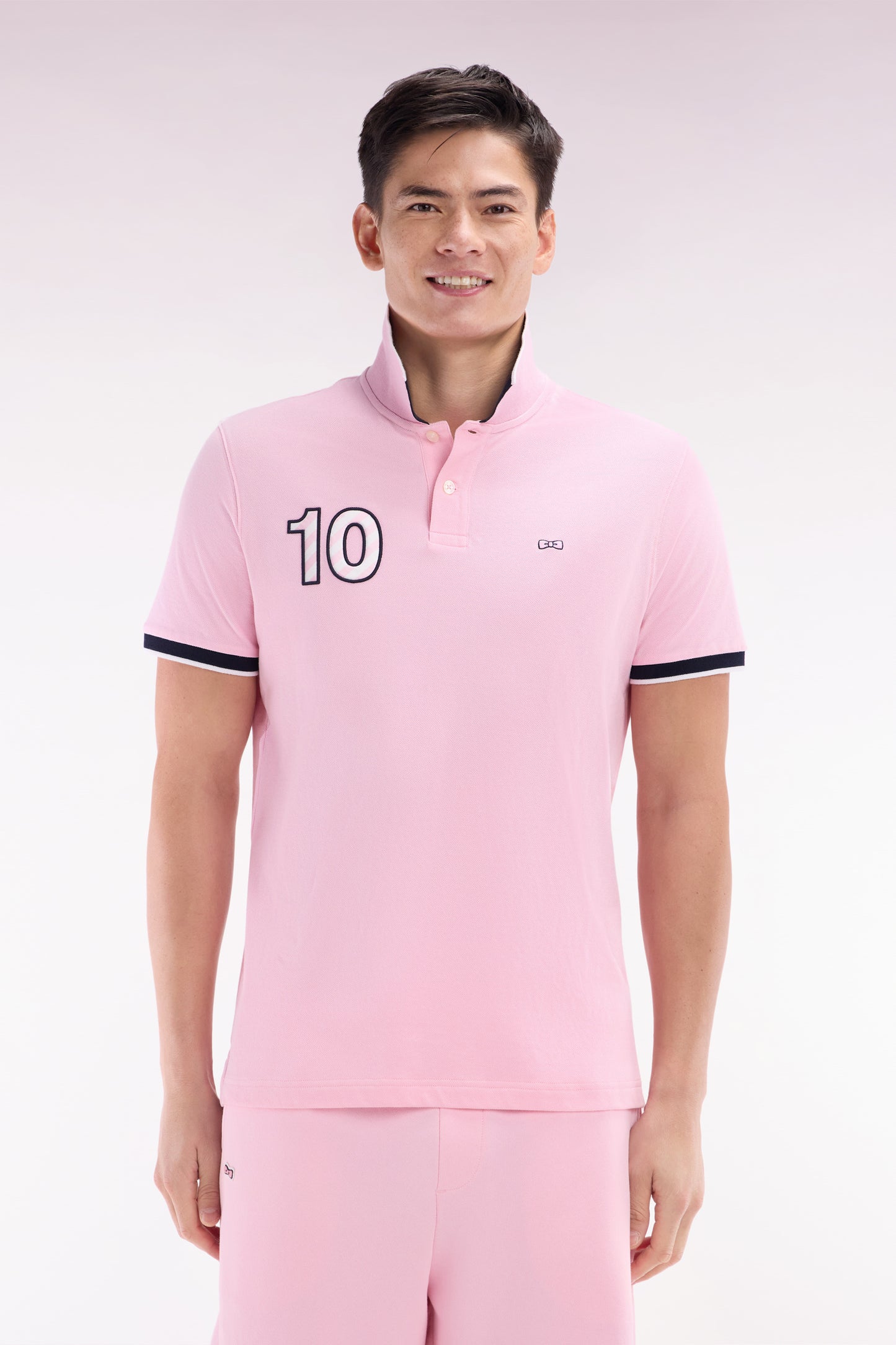 Relaxed-fit short-sleeved polo shirt in pink cotton with 10 embroidery