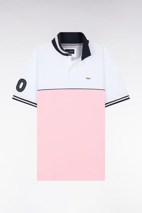 Relaxed-fit two-tone short-sleeved polo shirt in pink and white cotton - Image 2