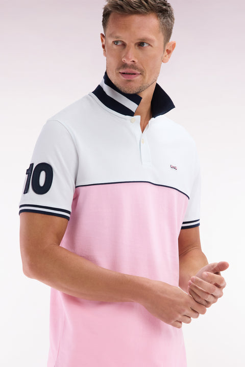 Relaxed-fit two-tone short-sleeved polo shirt in pink and white cotton - Image 3