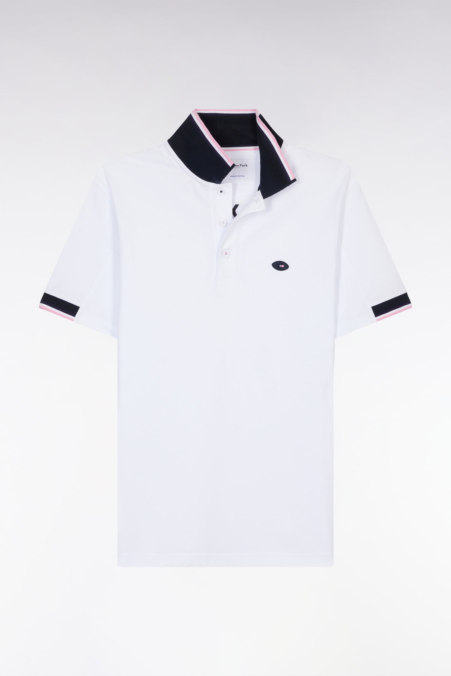 Straight-cut short-sleeved polo shirt in white cotton with two-tone ribbed edges