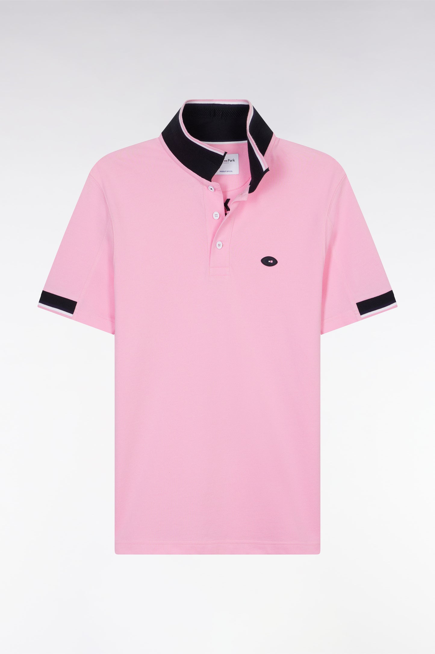 Straight-cut short-sleeved polo shirt in pink cotton with two-tone ribbed edges