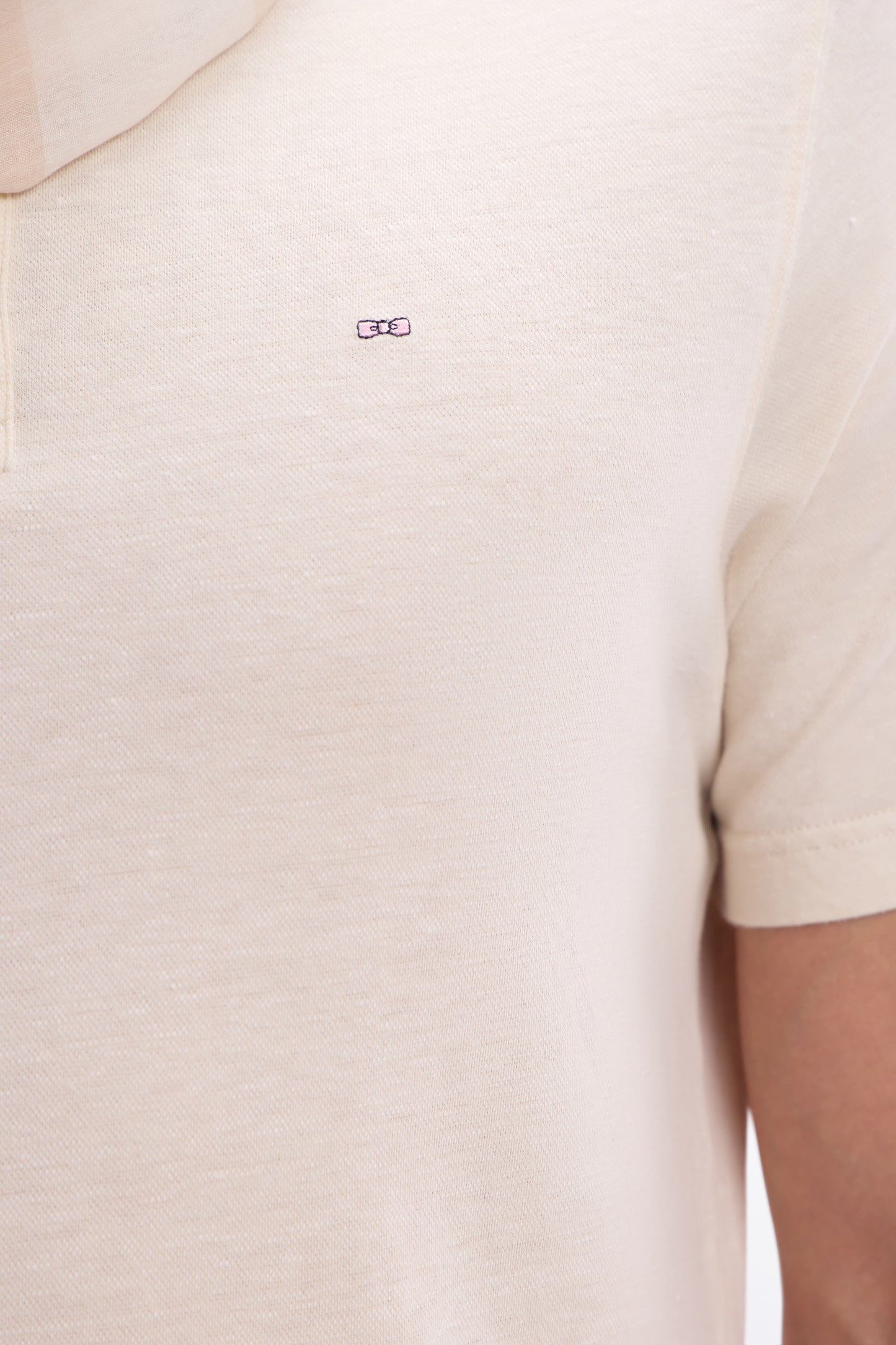 Straight-fit short-sleeved polo shirt in cream cotton-linen blend