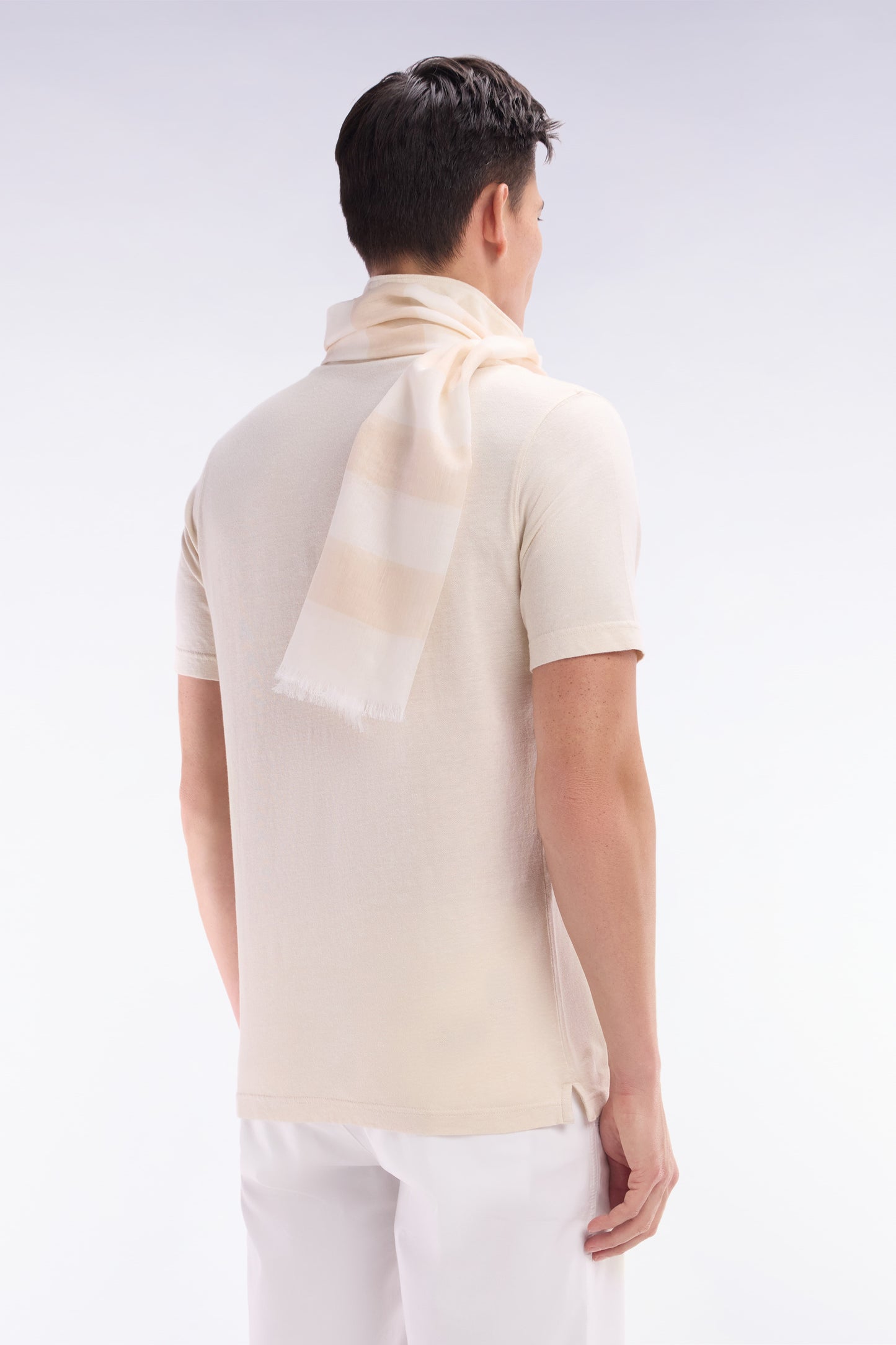 Straight-fit short-sleeved polo shirt in cream cotton-linen blend