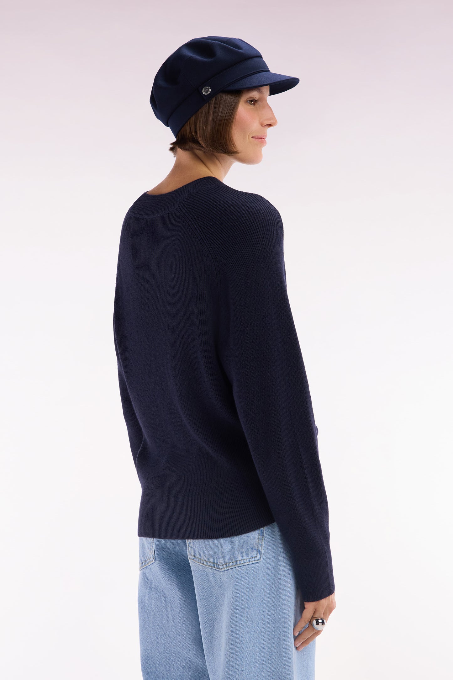 Relaxed-fit navy ribbed crew neck jumper