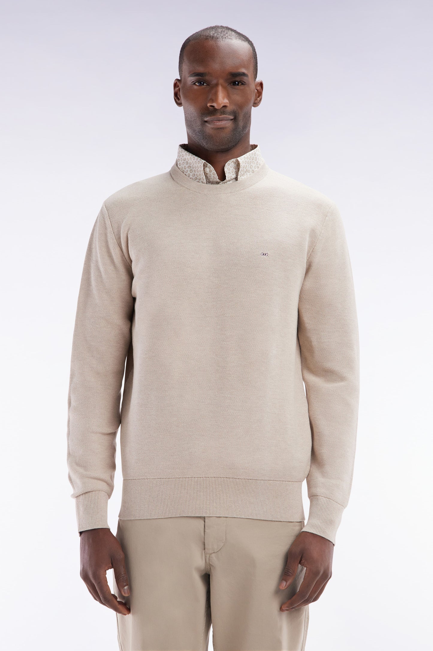 Straight-fit beige honeycomb cotton crew neck jumper