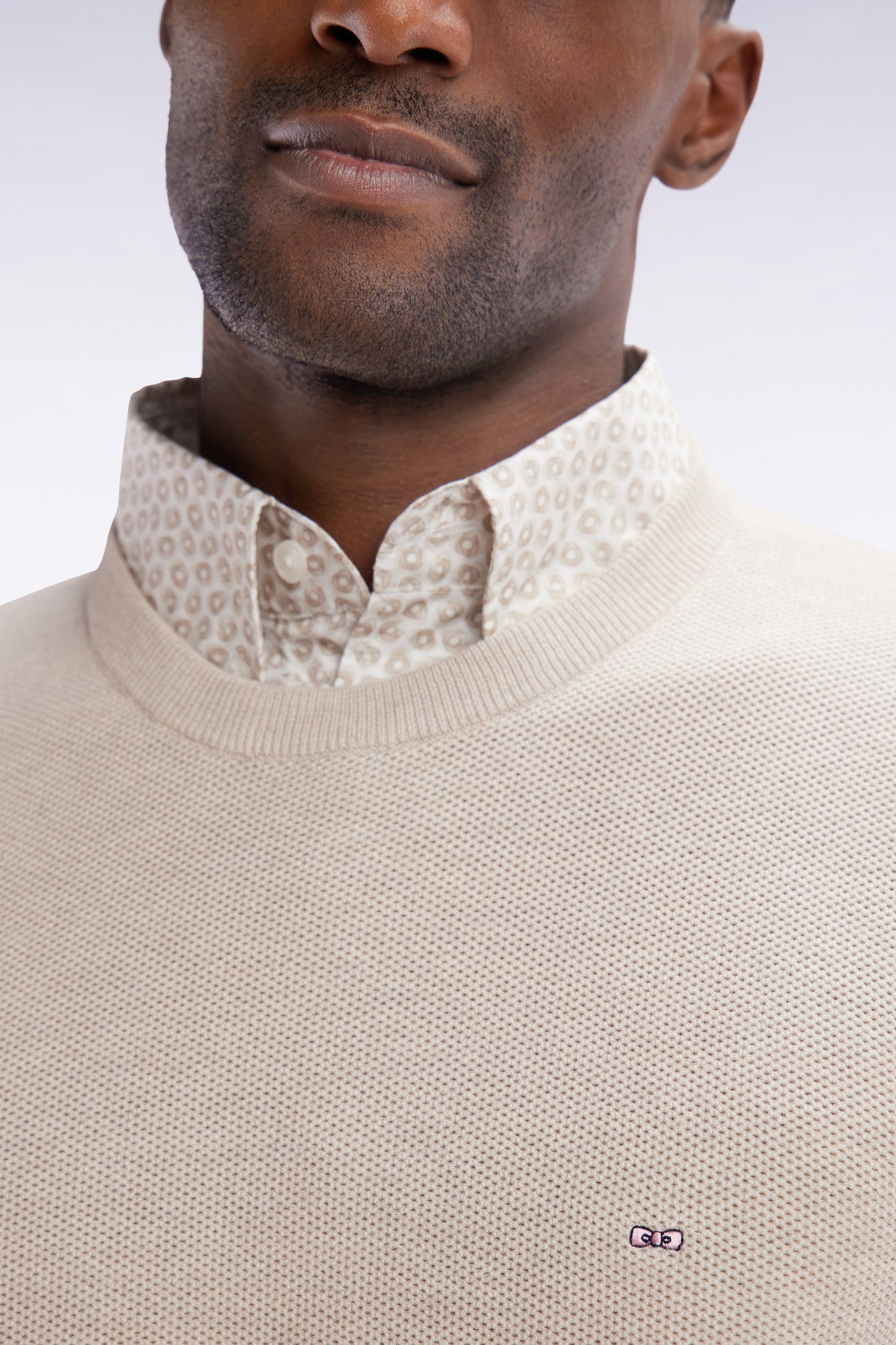 Straight-fit beige honeycomb cotton crew neck jumper