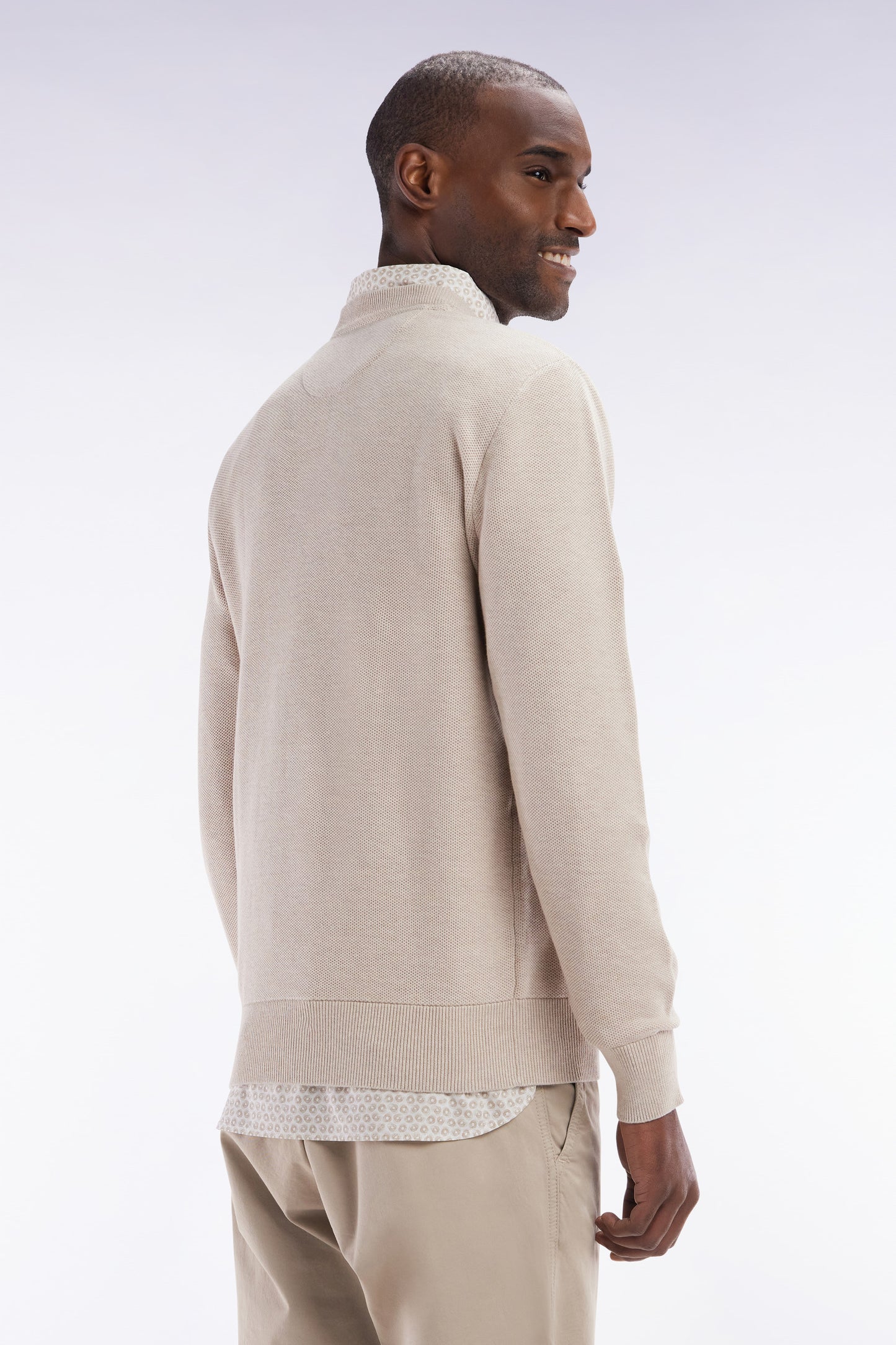 Straight-fit beige honeycomb cotton crew neck jumper