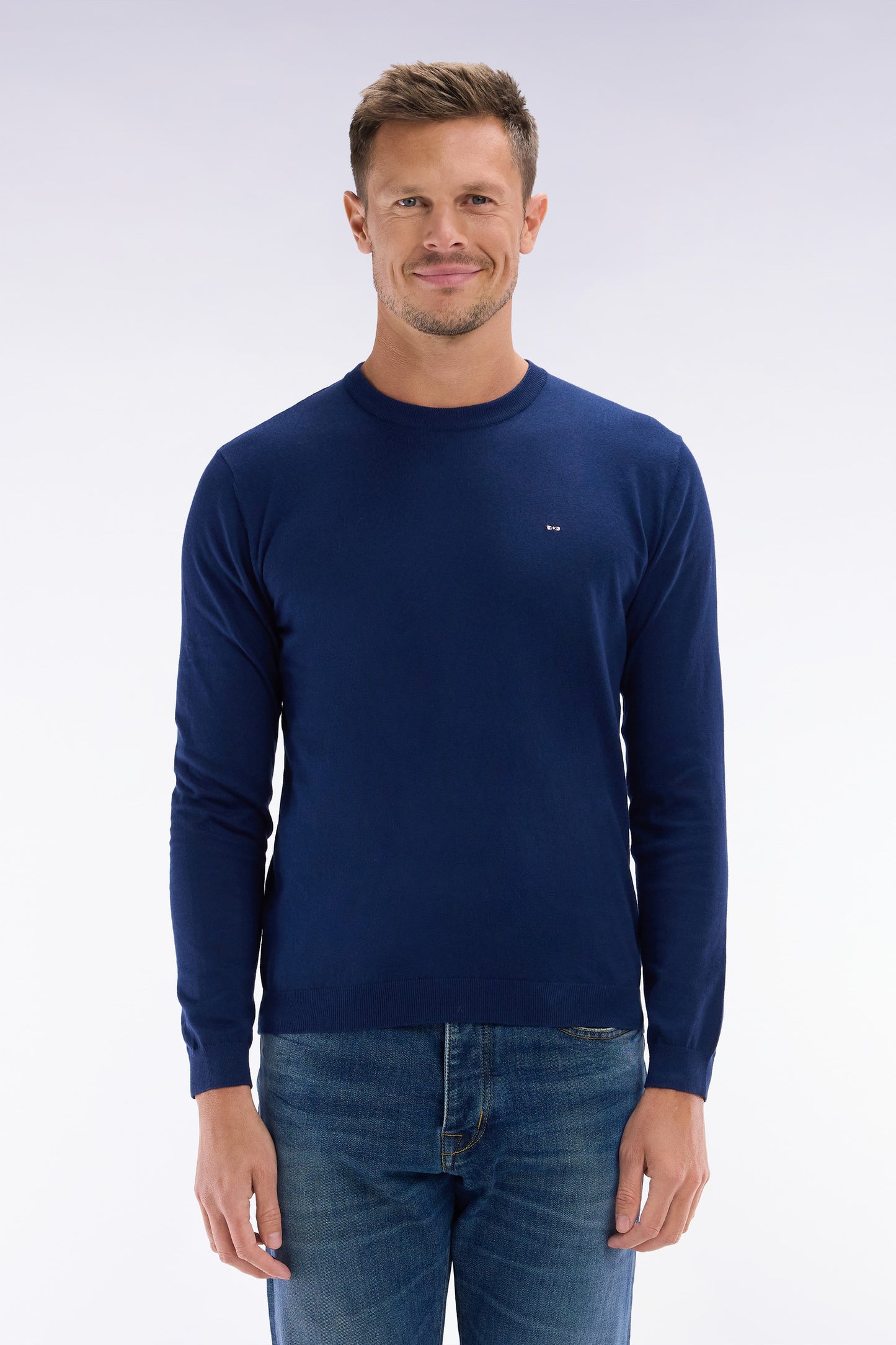 Straight-fit navy cotton-silk blend crewneck jumper