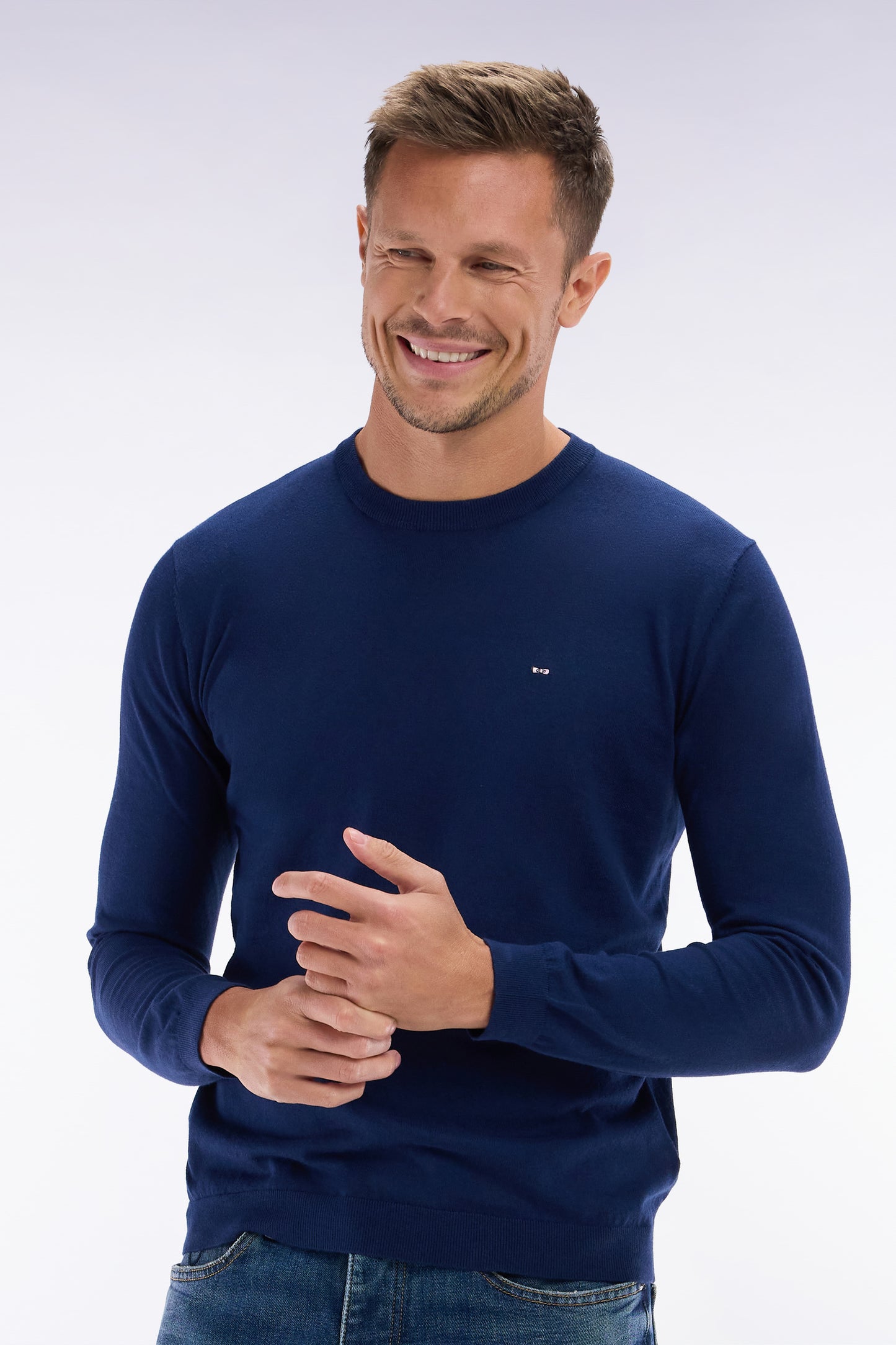 Straight-fit navy cotton-silk blend crewneck jumper