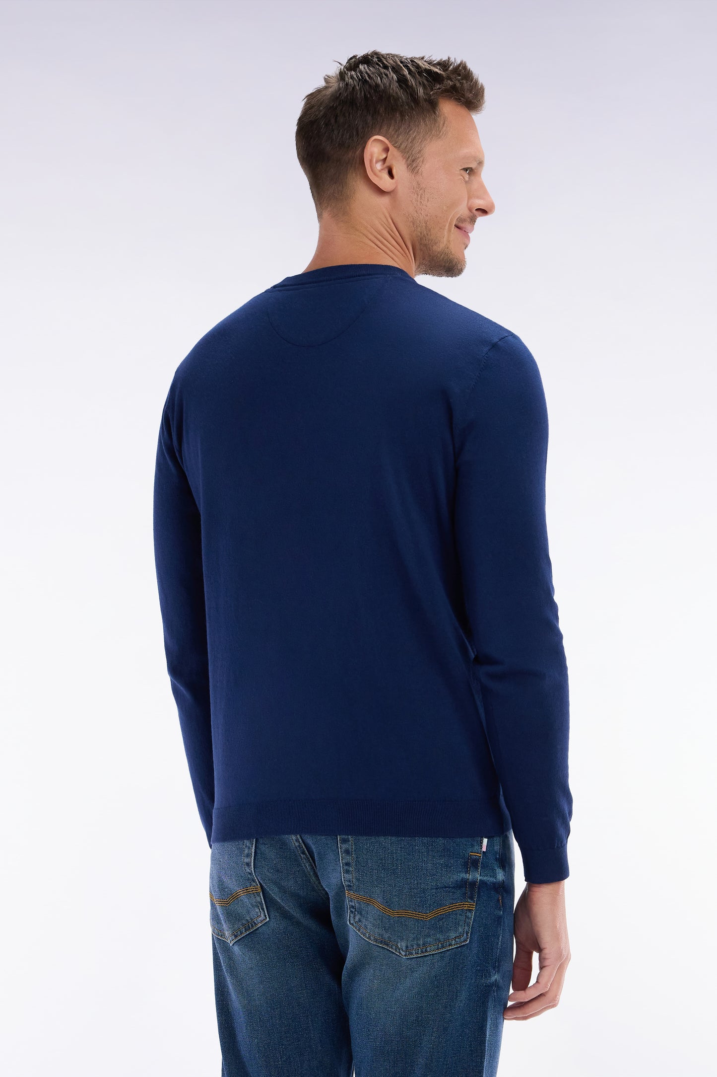 Straight-fit navy cotton-silk blend crewneck jumper