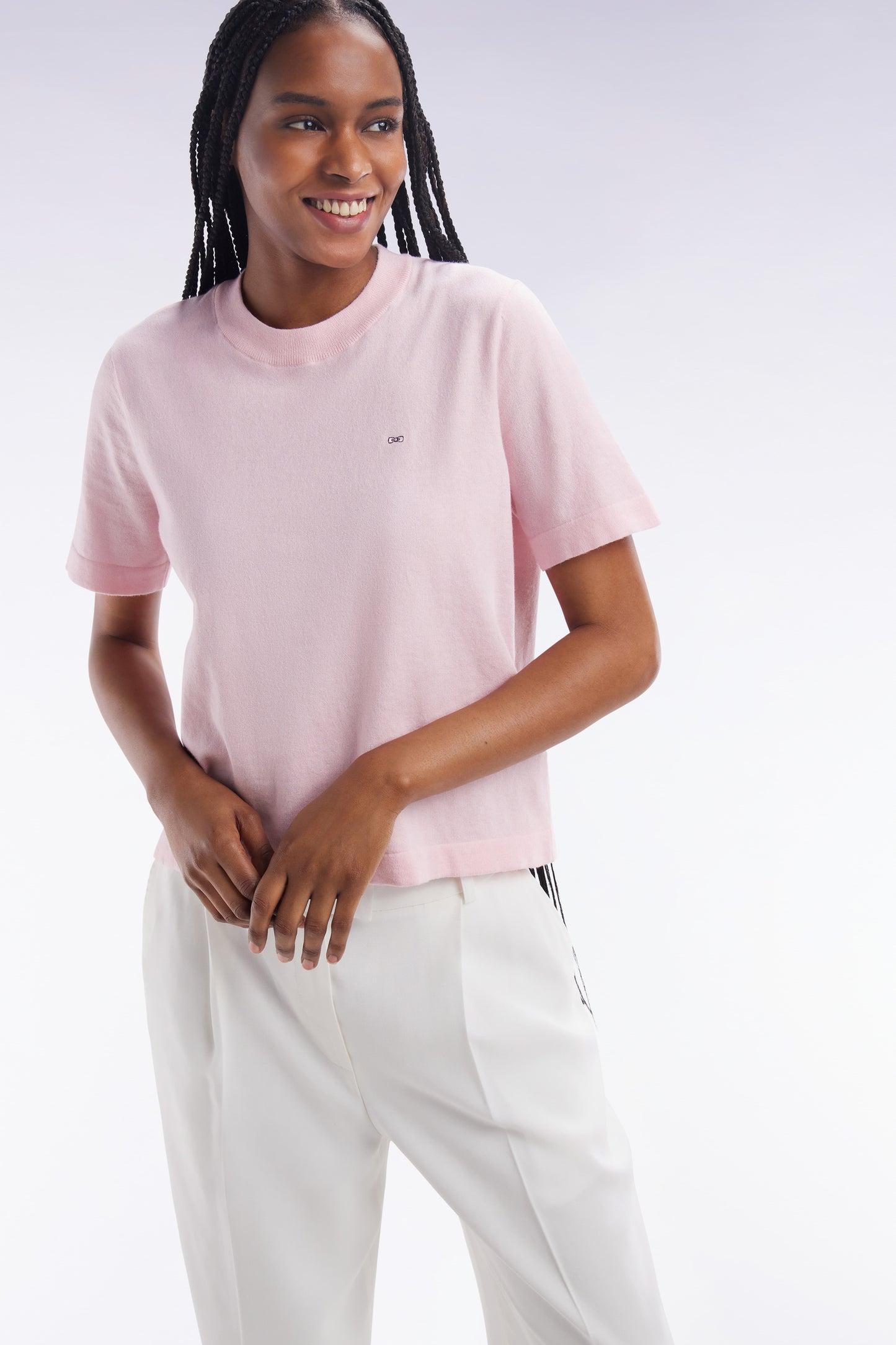 Relaxed-fit short-sleeved round-neck jumper in pink cotton-silk thin blend