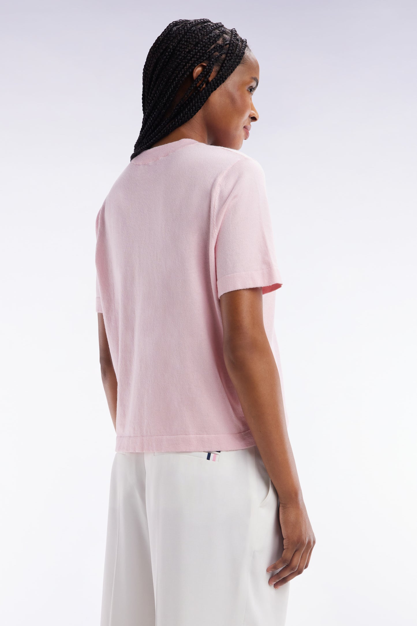 Relaxed-fit short-sleeved round-neck jumper in pink cotton-silk thin blend