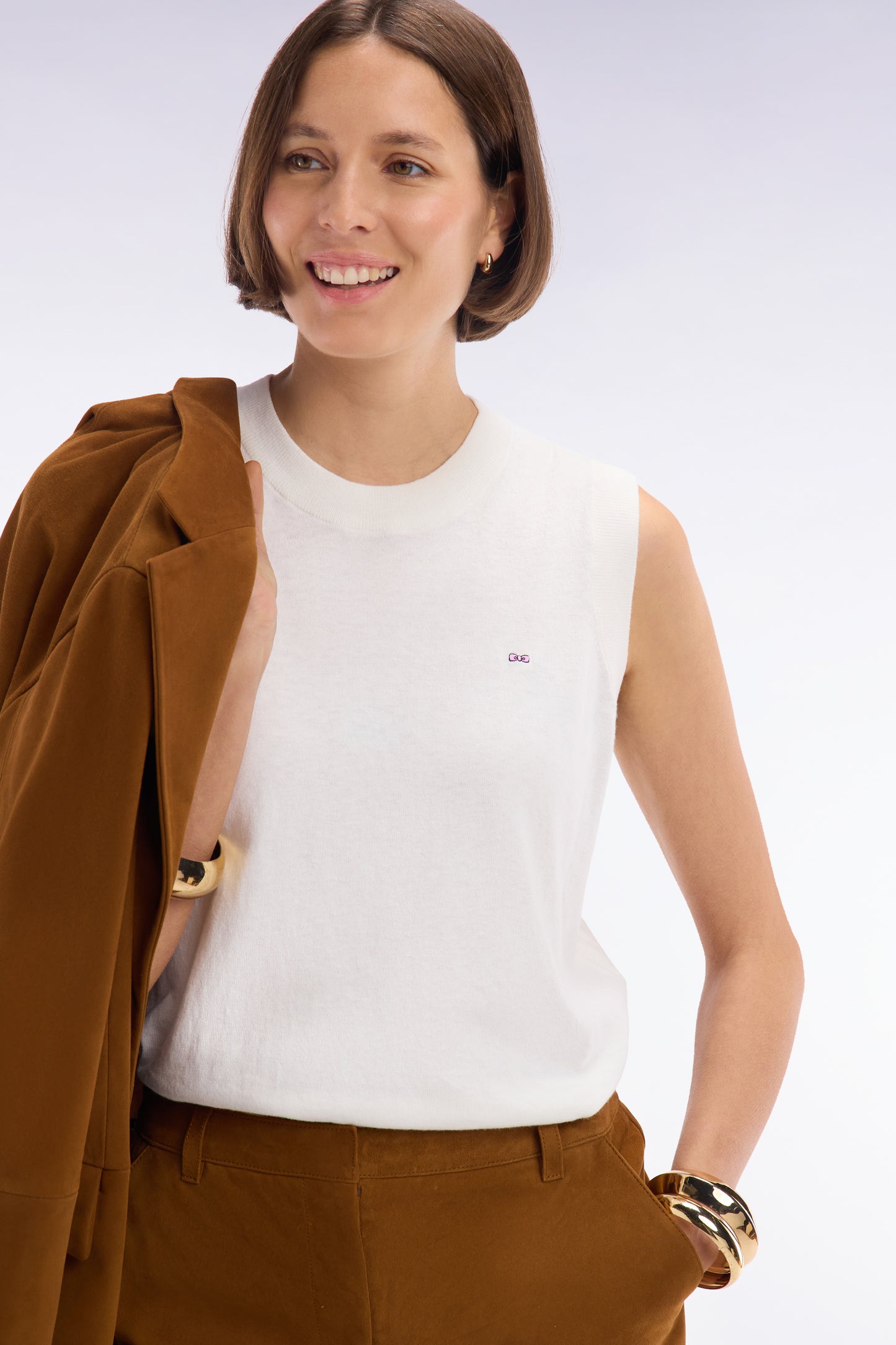 Relaxed-fit tank top jumper with round neck in ecru cotton and silk thin blend