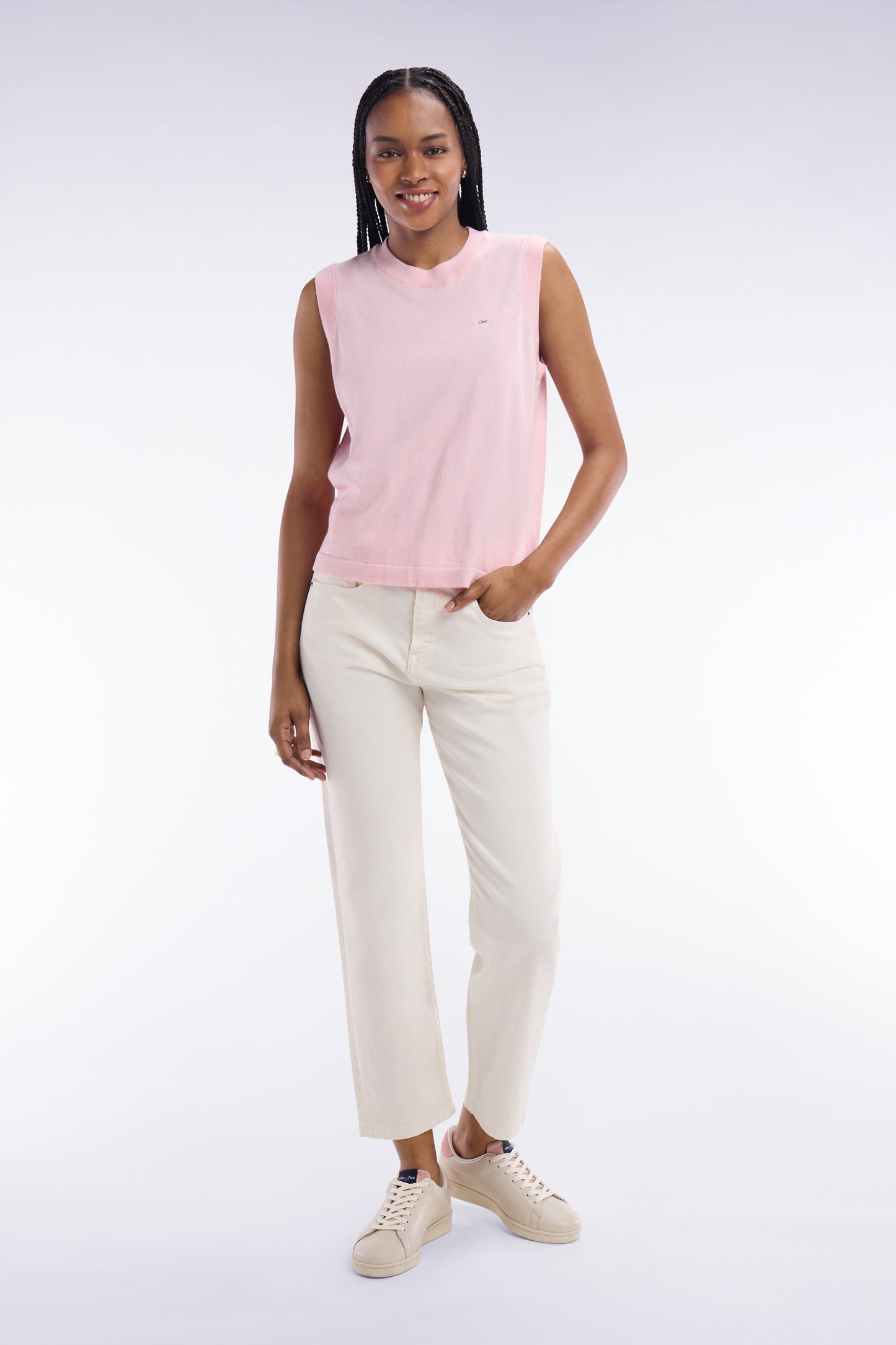Relaxed-fit tank top jumper with round neck in pink cotton and silk thin blend