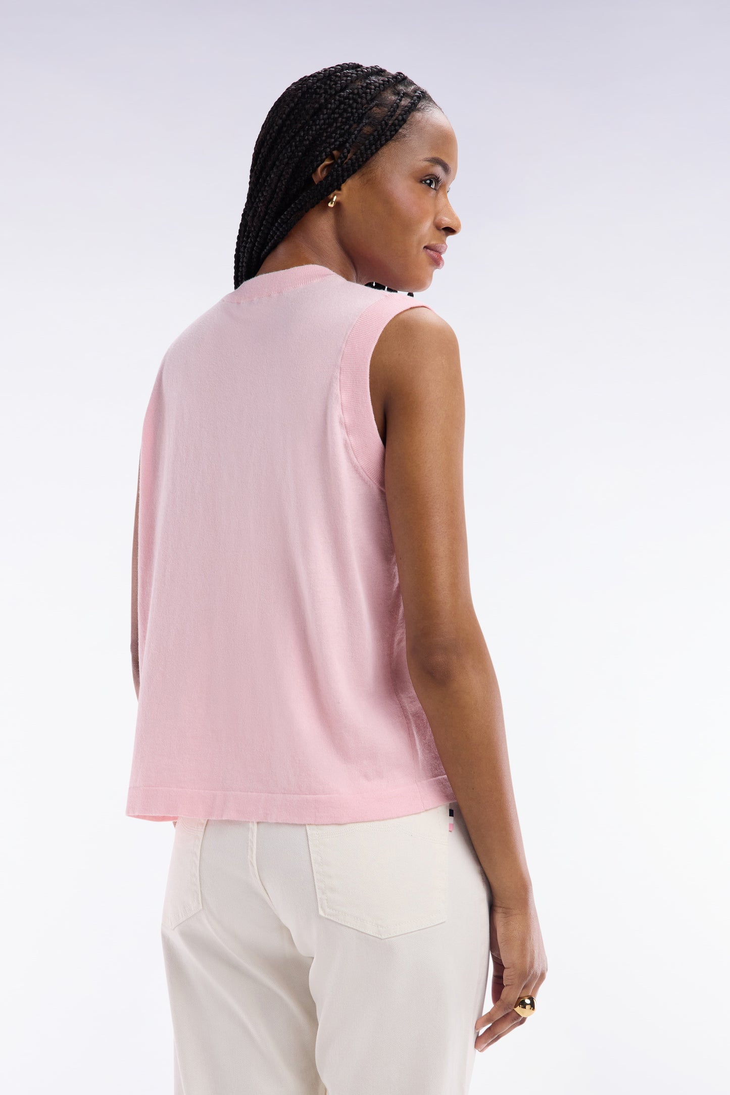 Relaxed-fit tank top jumper with round neck in pink cotton and silk thin blend