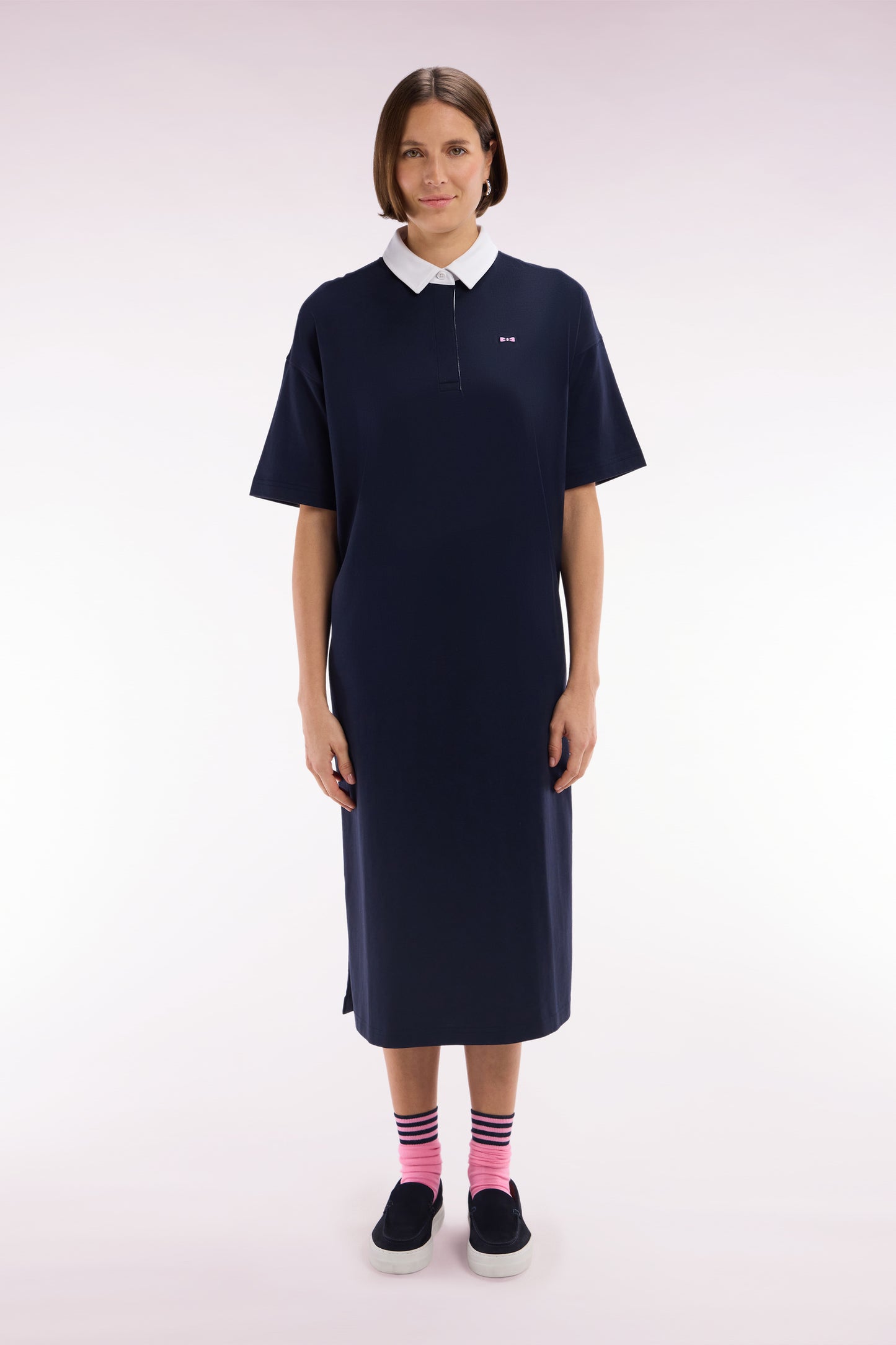 Navy Pima cotton jersey dress with white collar, relaxed fit