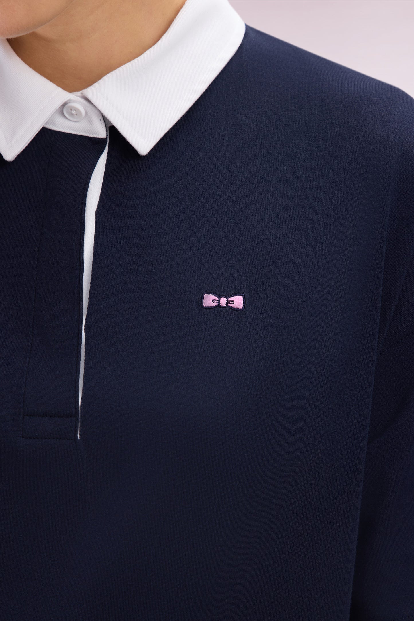 Navy Pima cotton jersey dress with white collar, relaxed fit