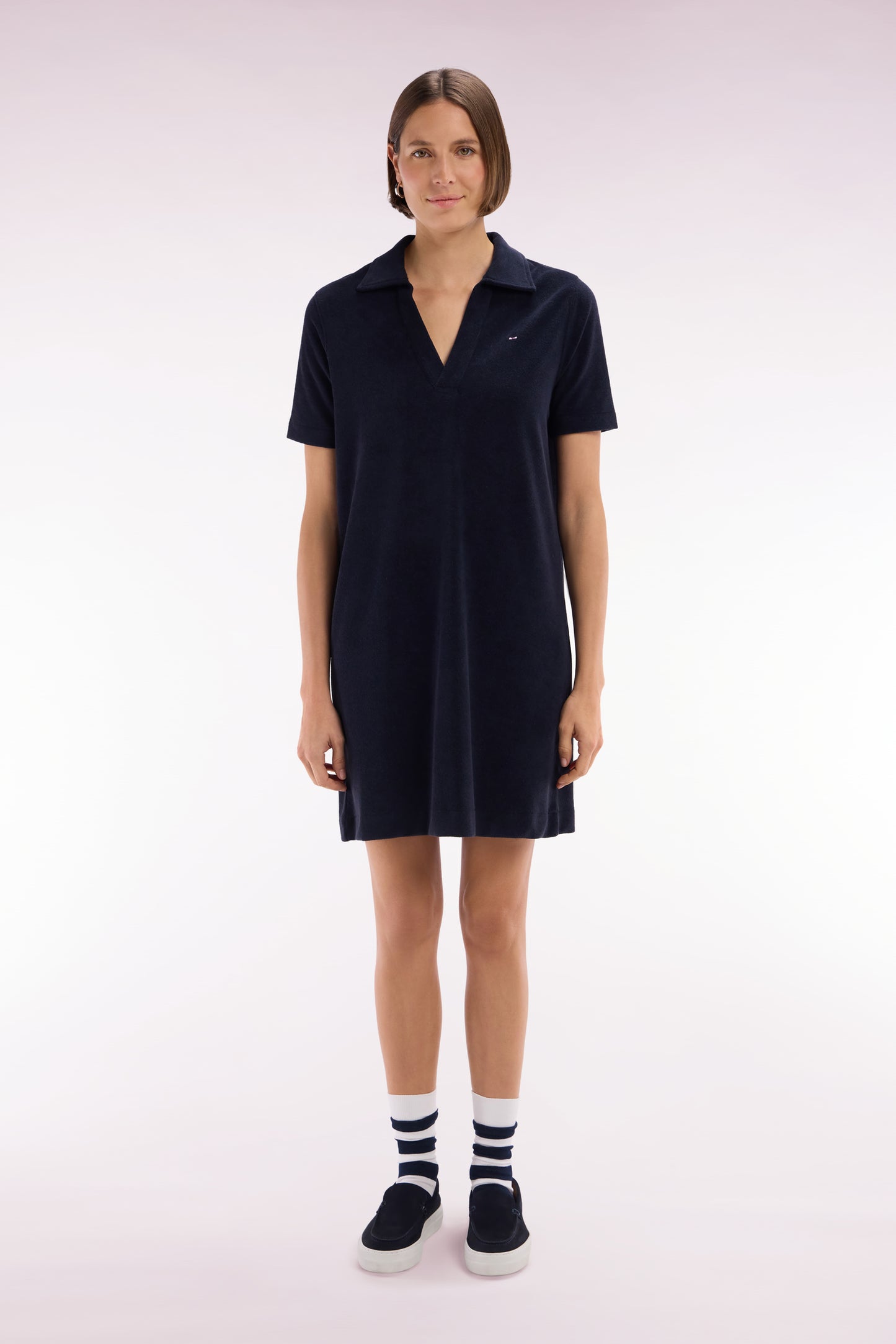 Relaxed-fit striped rugby shirt dress in sky blue and white cotton