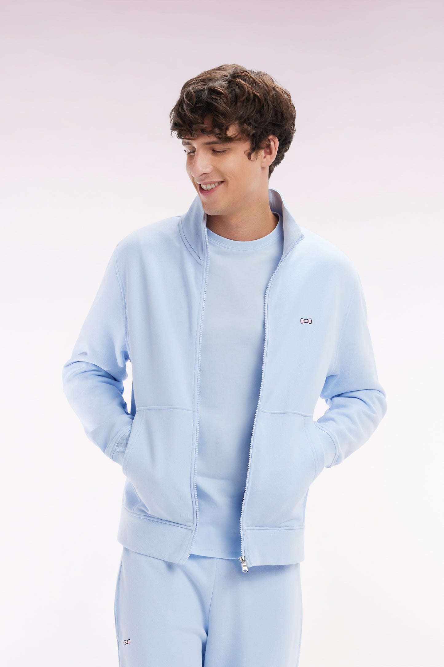 Straight-fit sky blue cotton zip-up sweatshirt