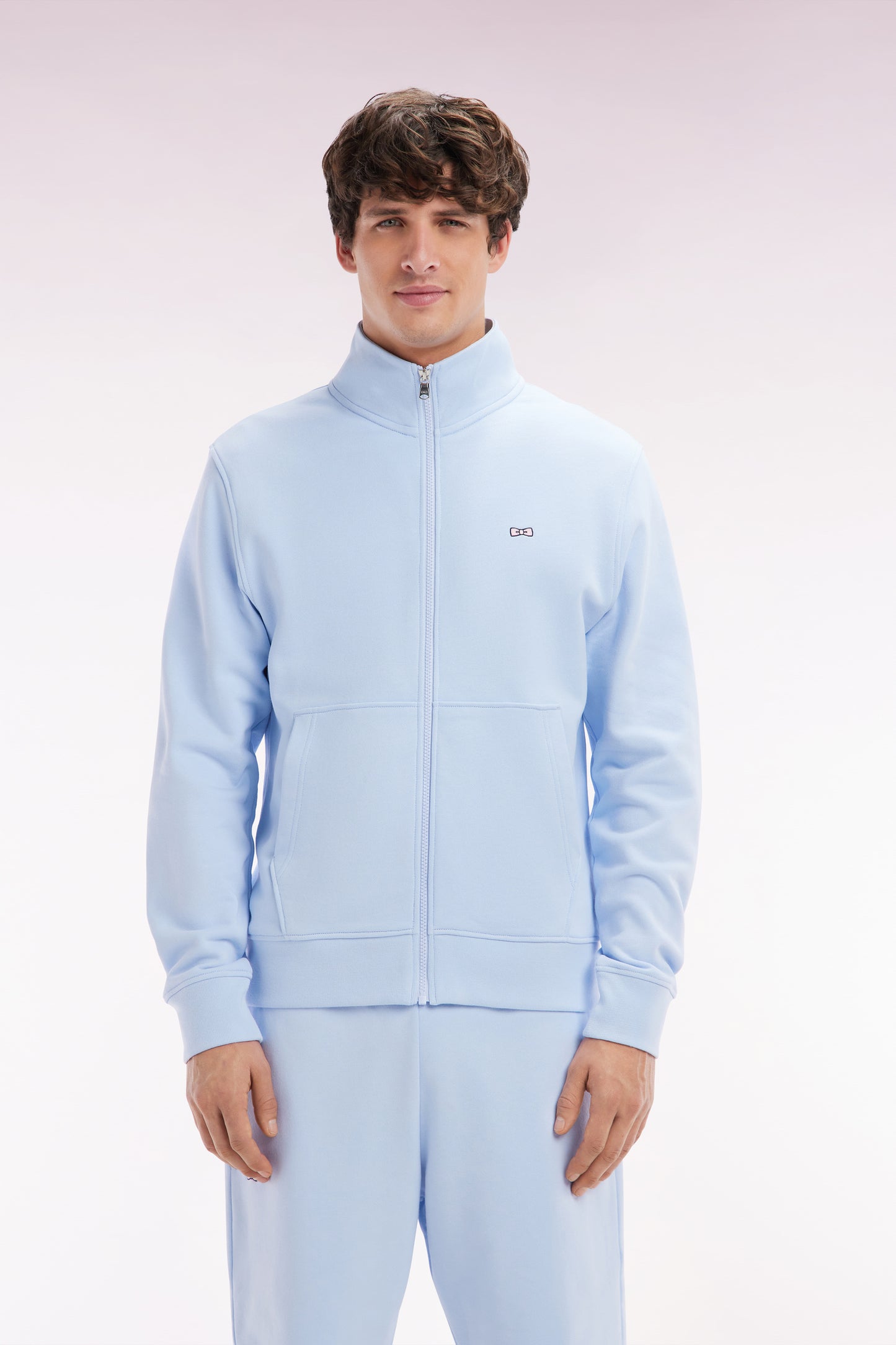 Straight-fit sky blue cotton zip-up sweatshirt