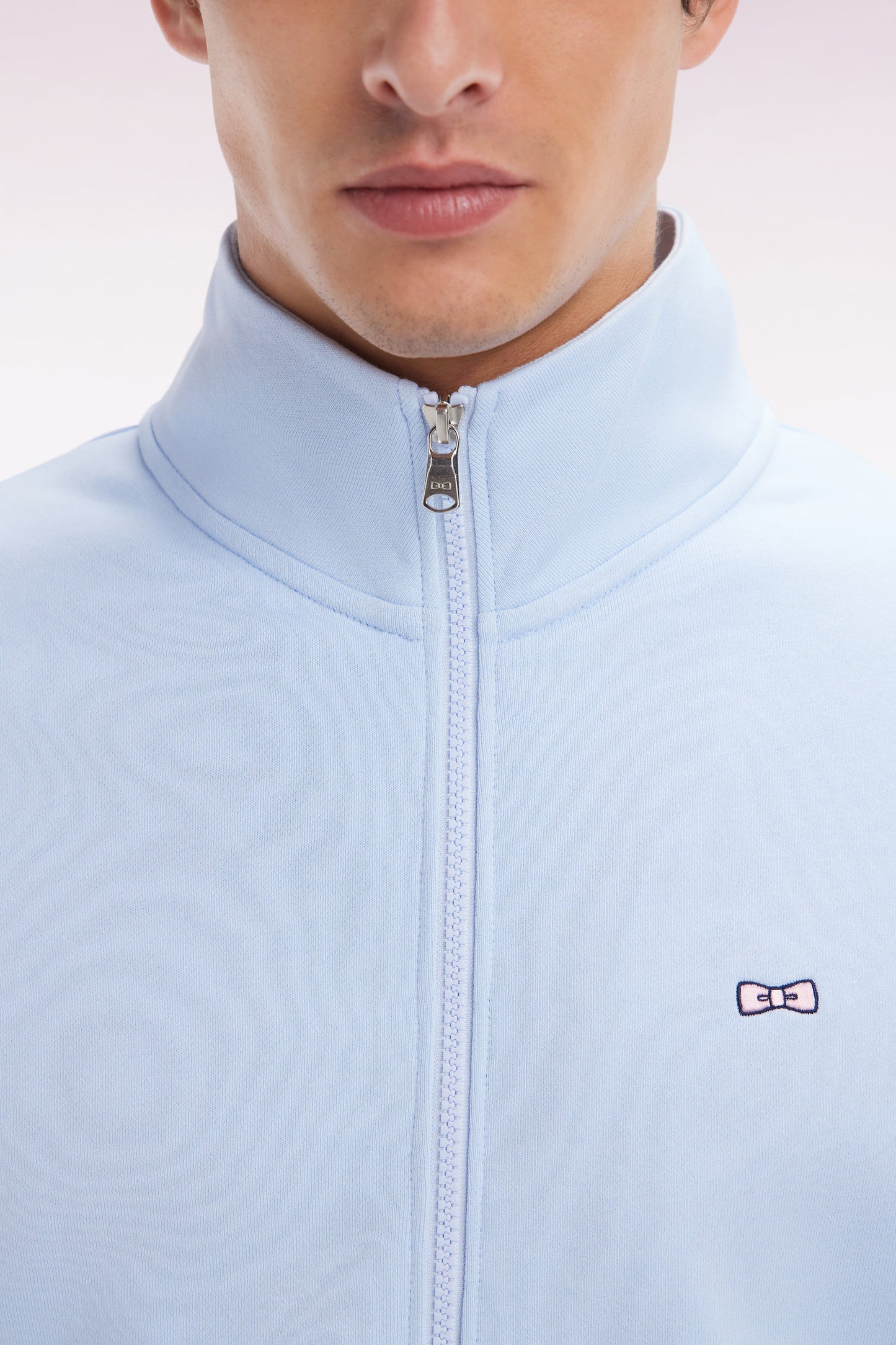 Straight-fit sky blue cotton zip-up sweatshirt