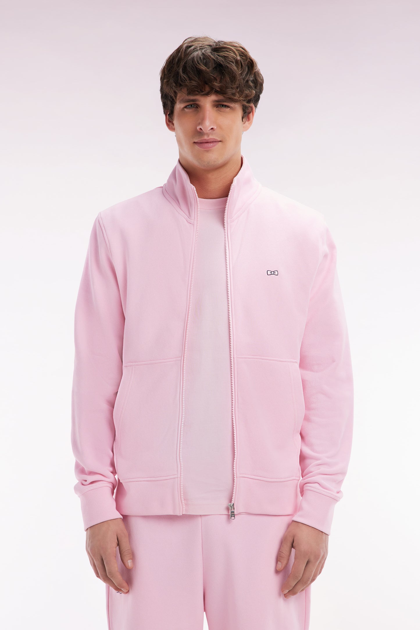 Straight-fit pink cotton zip-up sweatshirt