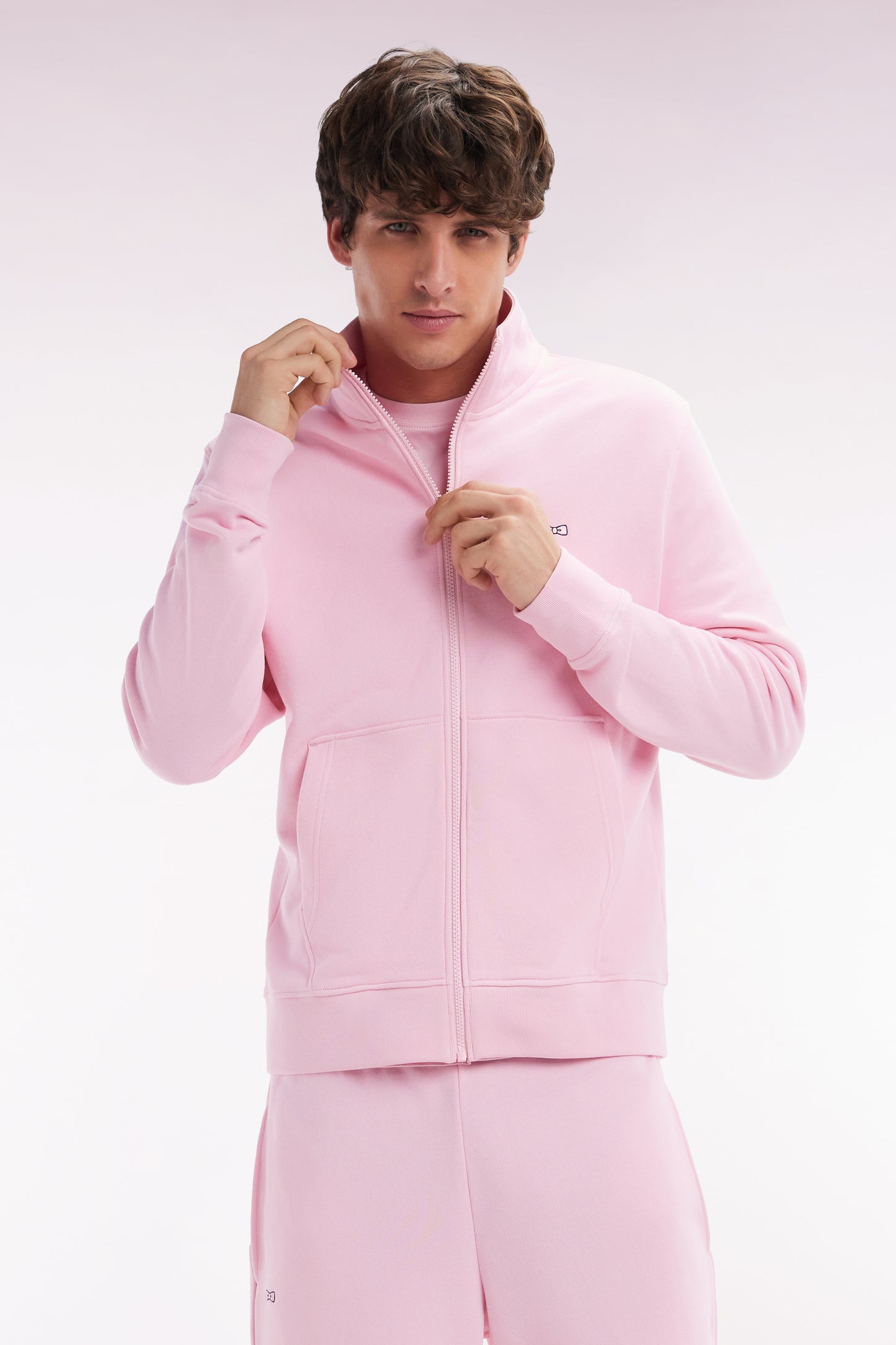 Straight-fit pink cotton zip-up sweatshirt