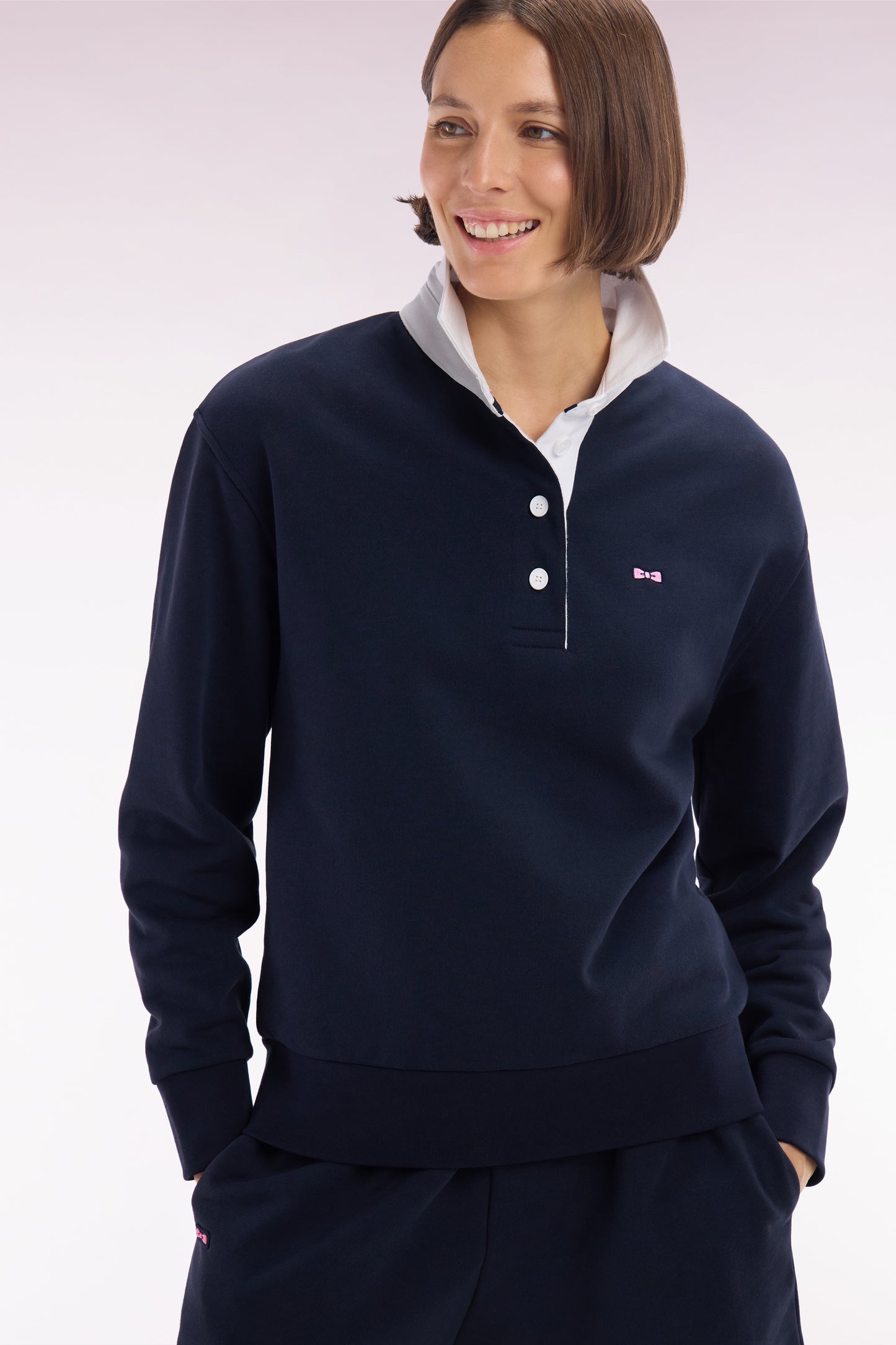 Relaxed-fit navy cotton sweatshirt with a rugby shirt collar