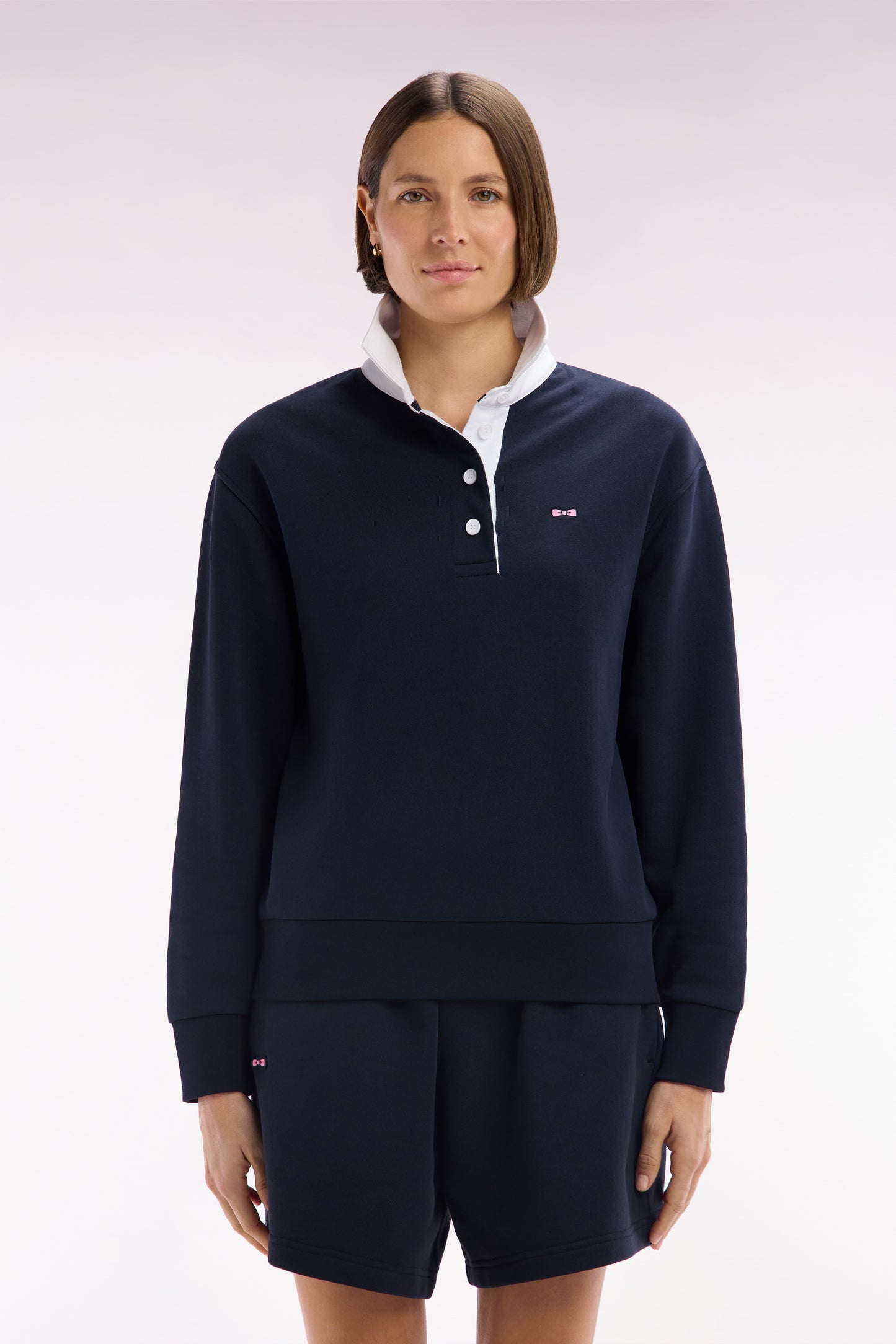 Relaxed-fit navy cotton sweatshirt with a rugby shirt collar