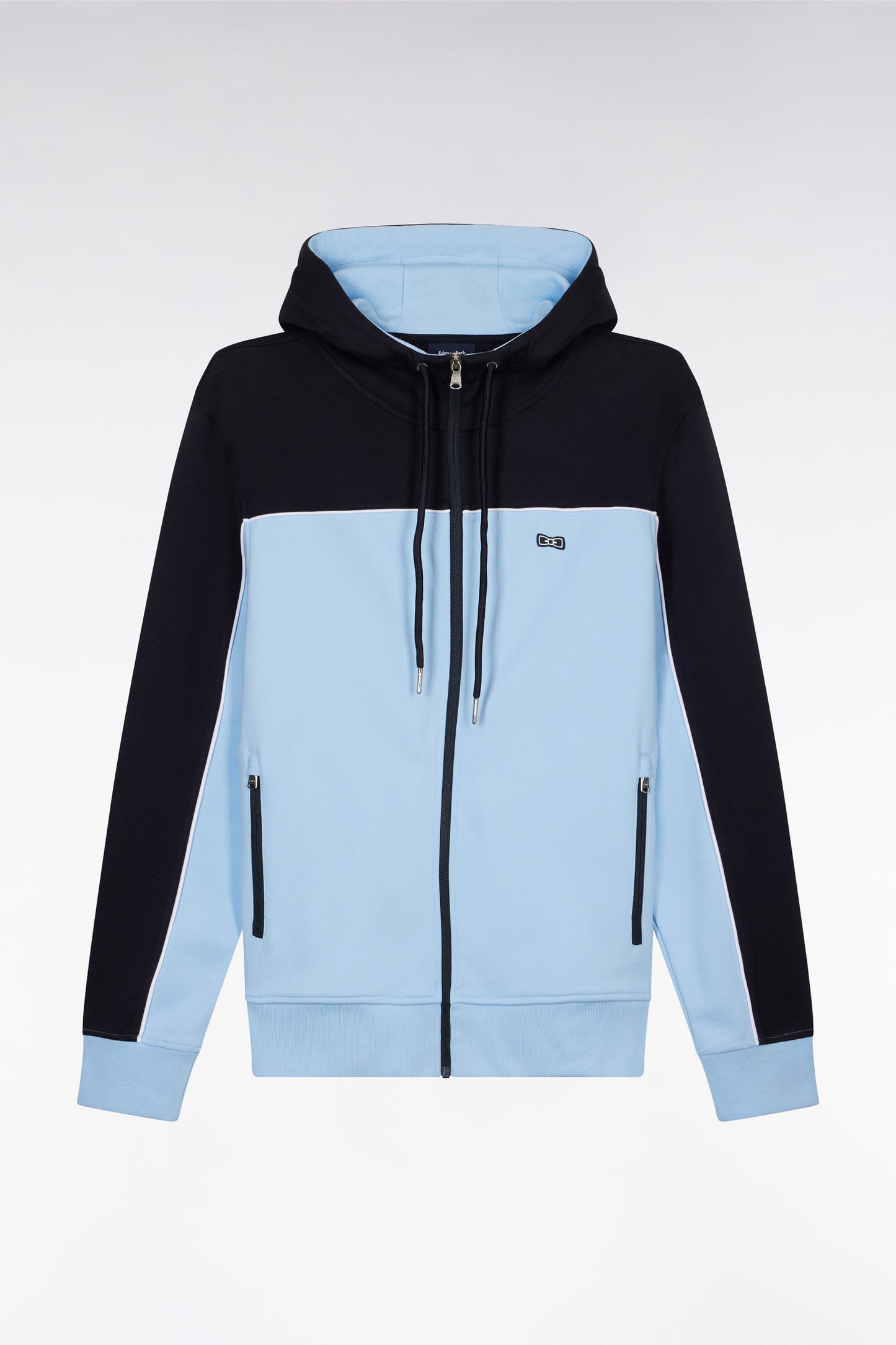 Straight-fit zip-up hooded sweatshirt in sky blue and white cotton