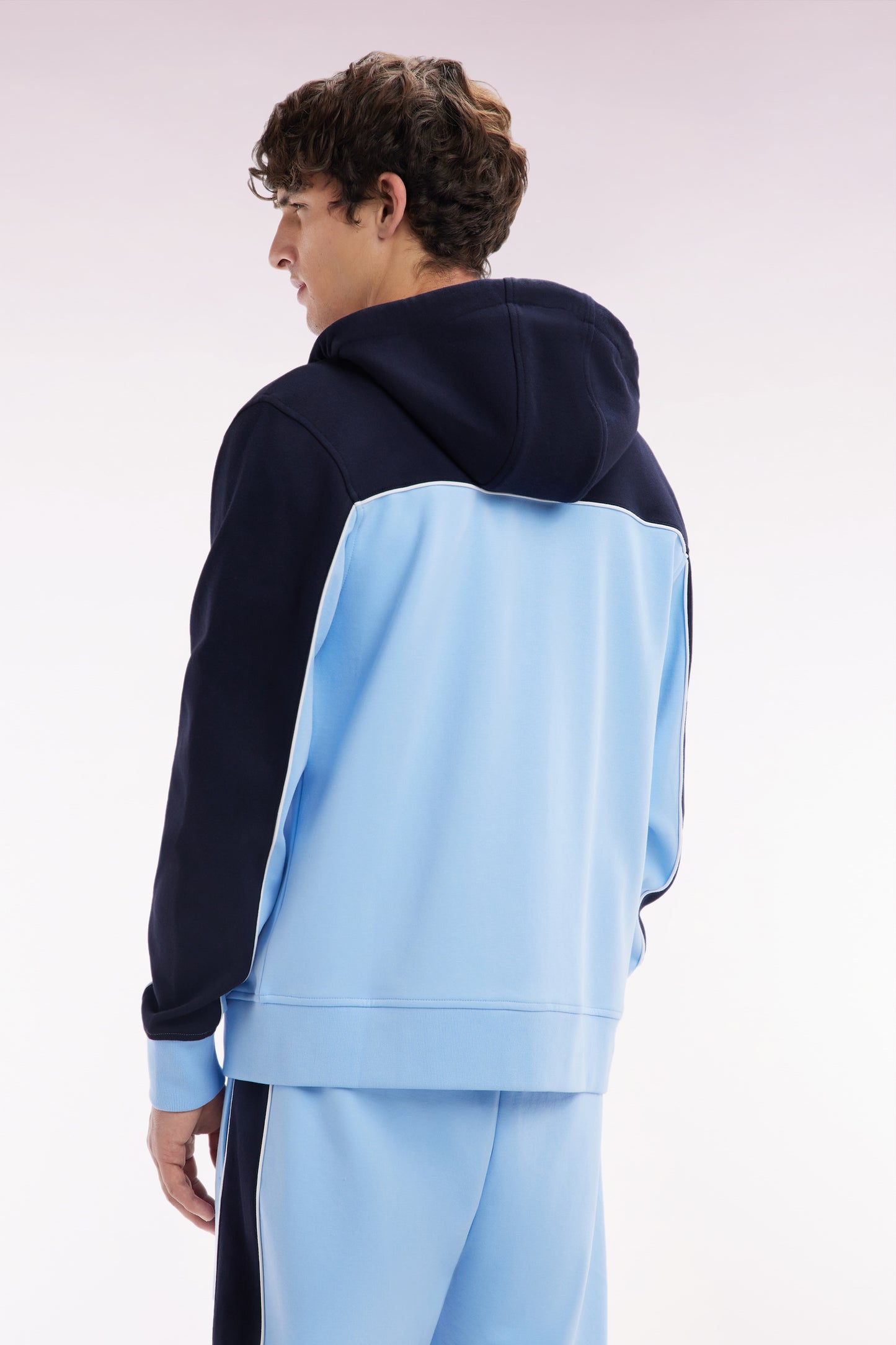 Straight-fit zip-up hooded sweatshirt in sky blue and white cotton